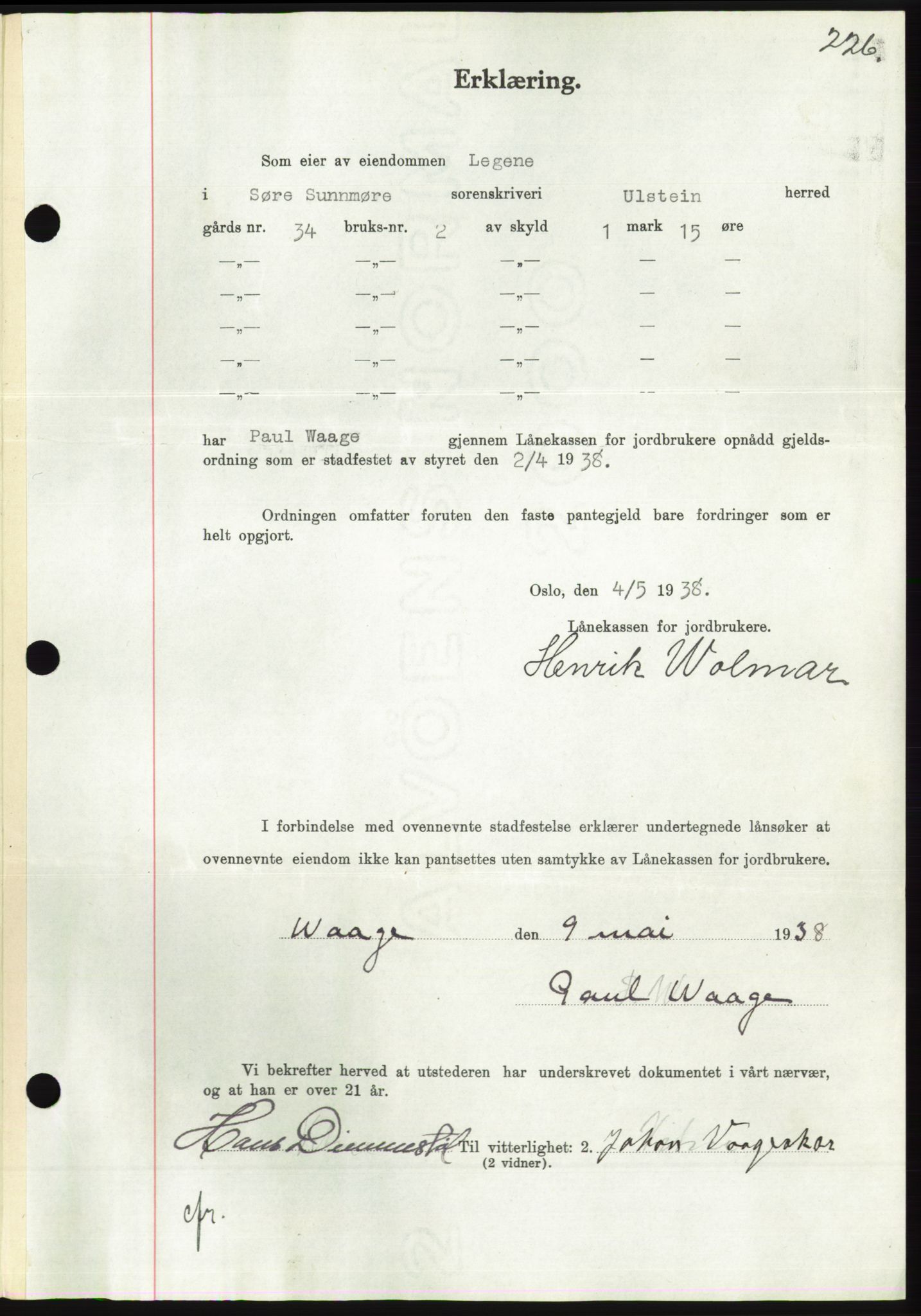 Søre Sunnmøre sorenskriveri, AV/SAT-A-4122/1/2/2C/L0065: Mortgage book no. 59, 1938-1938, Diary no: : 641/1938