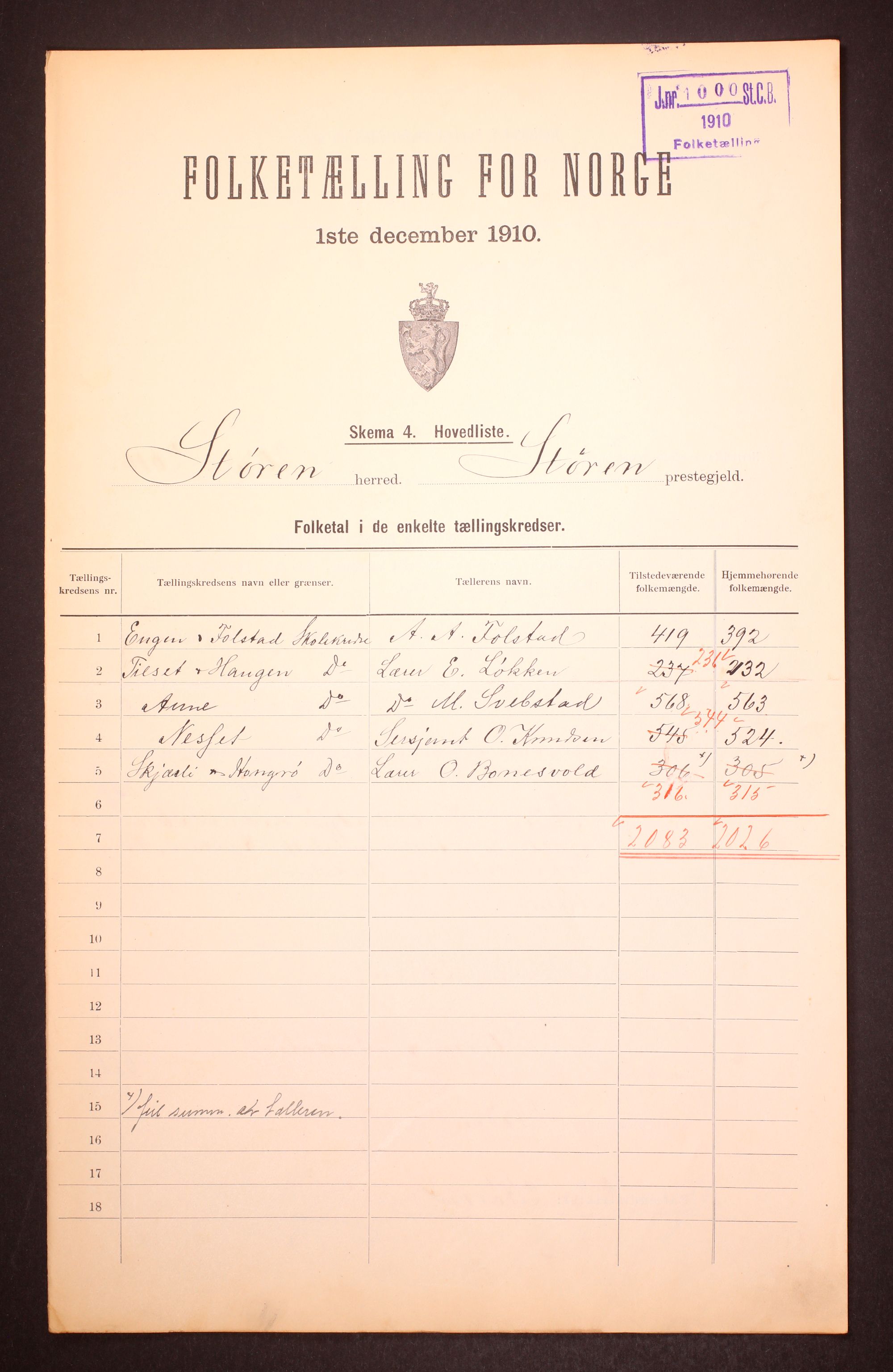 RA, 1910 census for Støren, 1910, p. 1