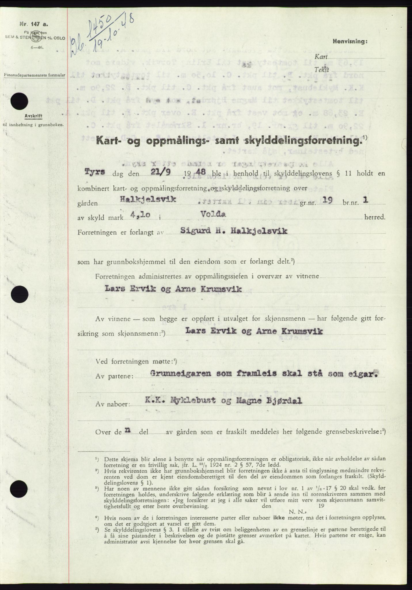 Søre Sunnmøre sorenskriveri, AV/SAT-A-4122/1/2/2C/L0083: Mortgage book no. 9A, 1948-1949, Diary no: : 1450/1948