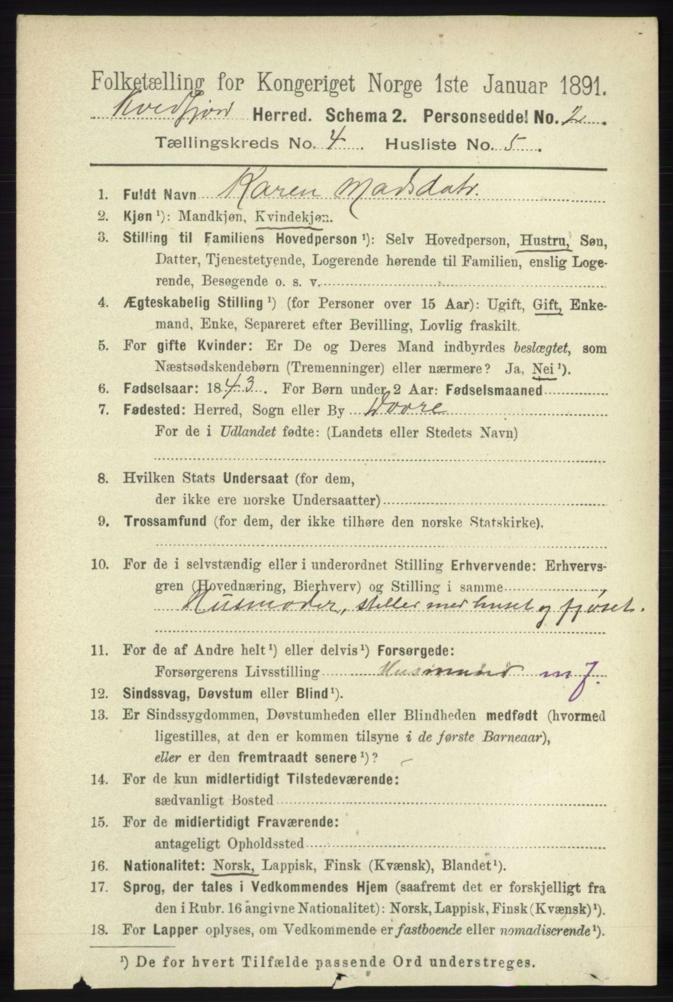 RA, 1891 census for 1911 Kvæfjord, 1891, p. 1915