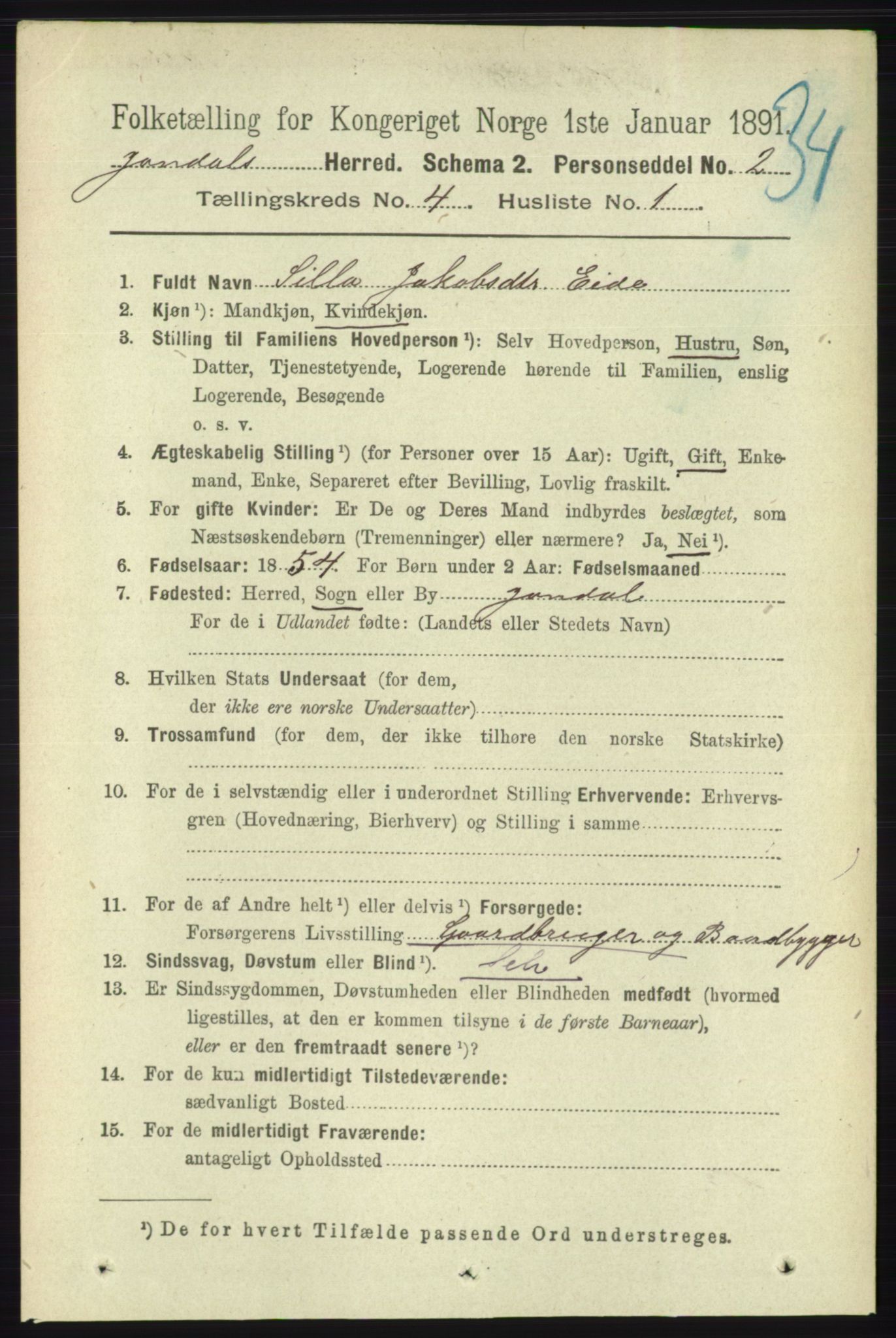 RA, 1891 census for 1227 Jondal, 1891, p. 2062