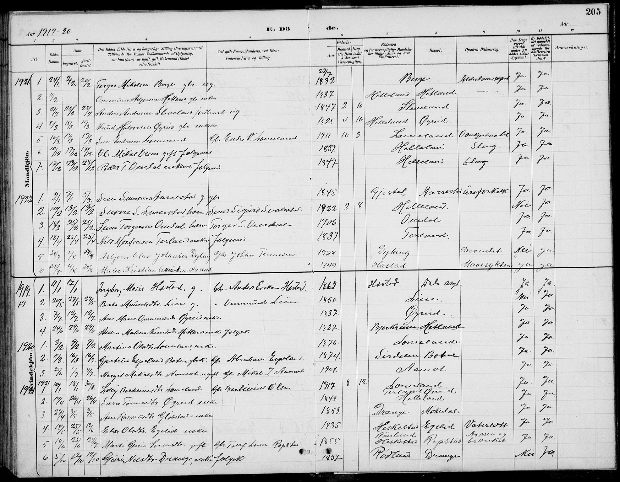 Helleland sokneprestkontor, AV/SAST-A-101810: Parish register (copy) no. B 4, 1887-1941, p. 205