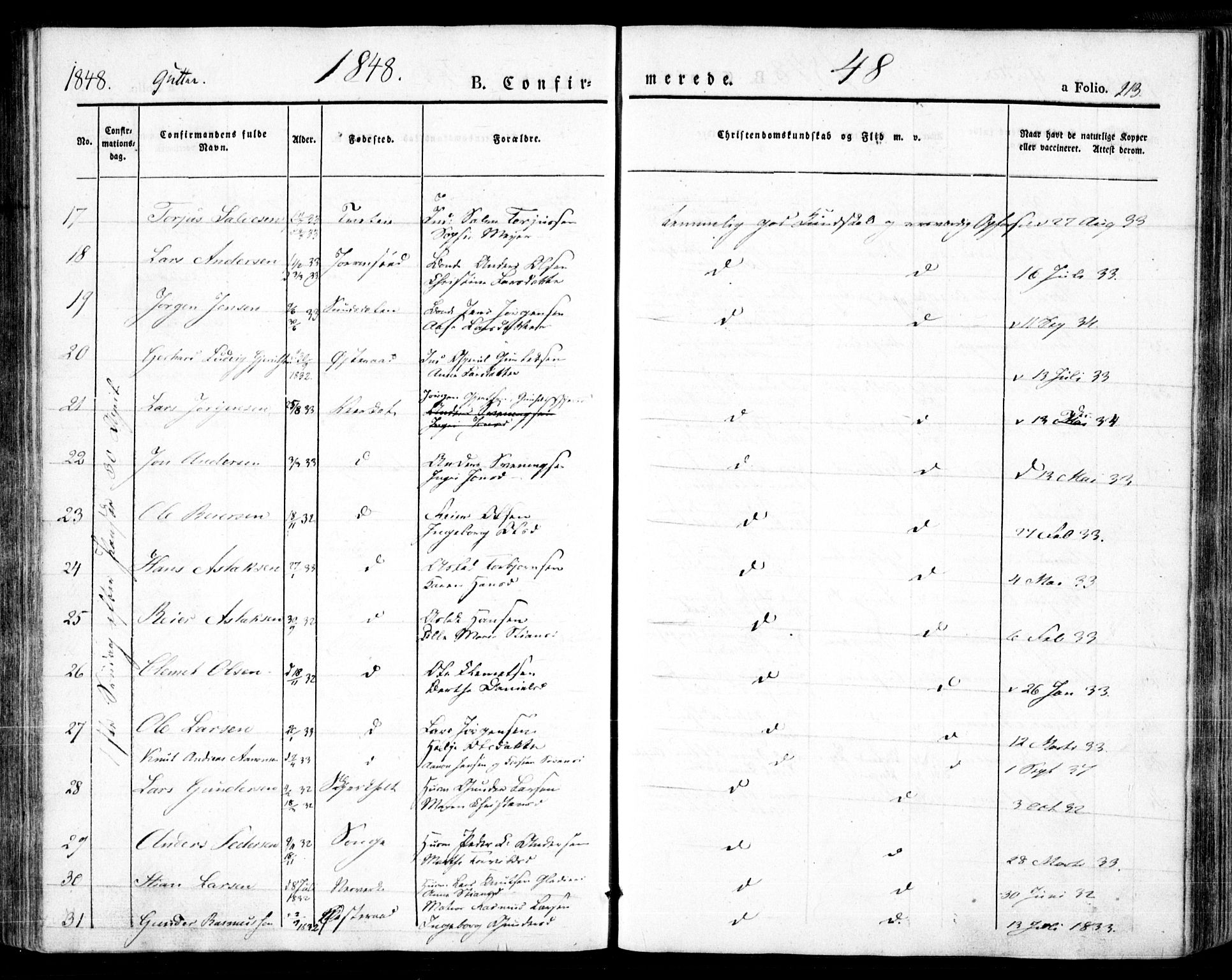 Holt sokneprestkontor, AV/SAK-1111-0021/F/Fa/L0007: Parish register (official) no. A 7, 1836-1848, p. 213