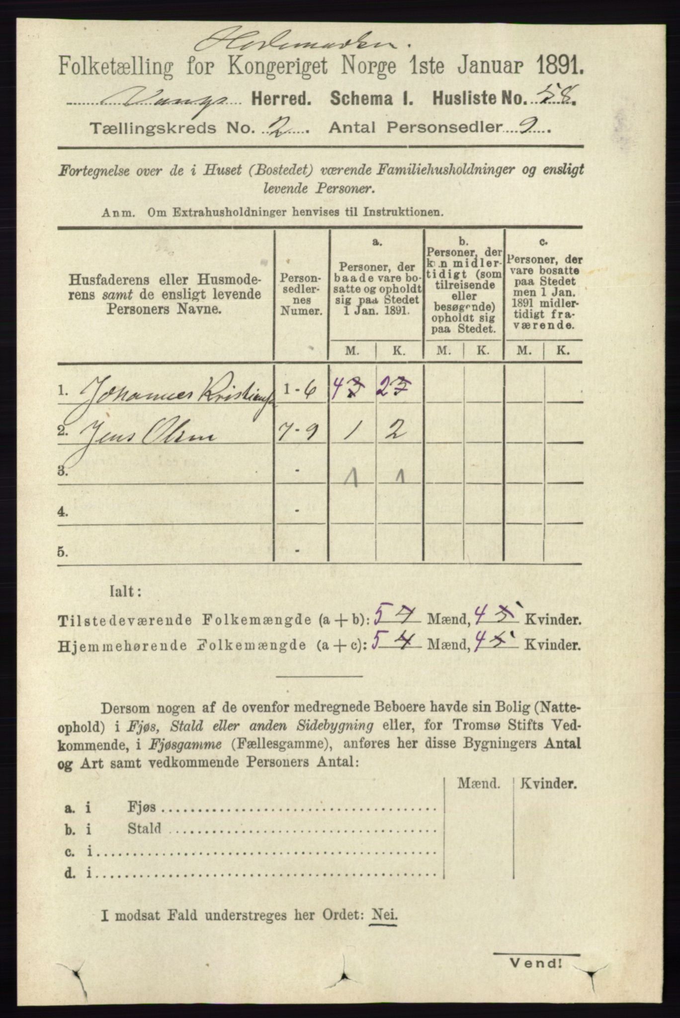 RA, 1891 census for 0414 Vang, 1891, p. 988