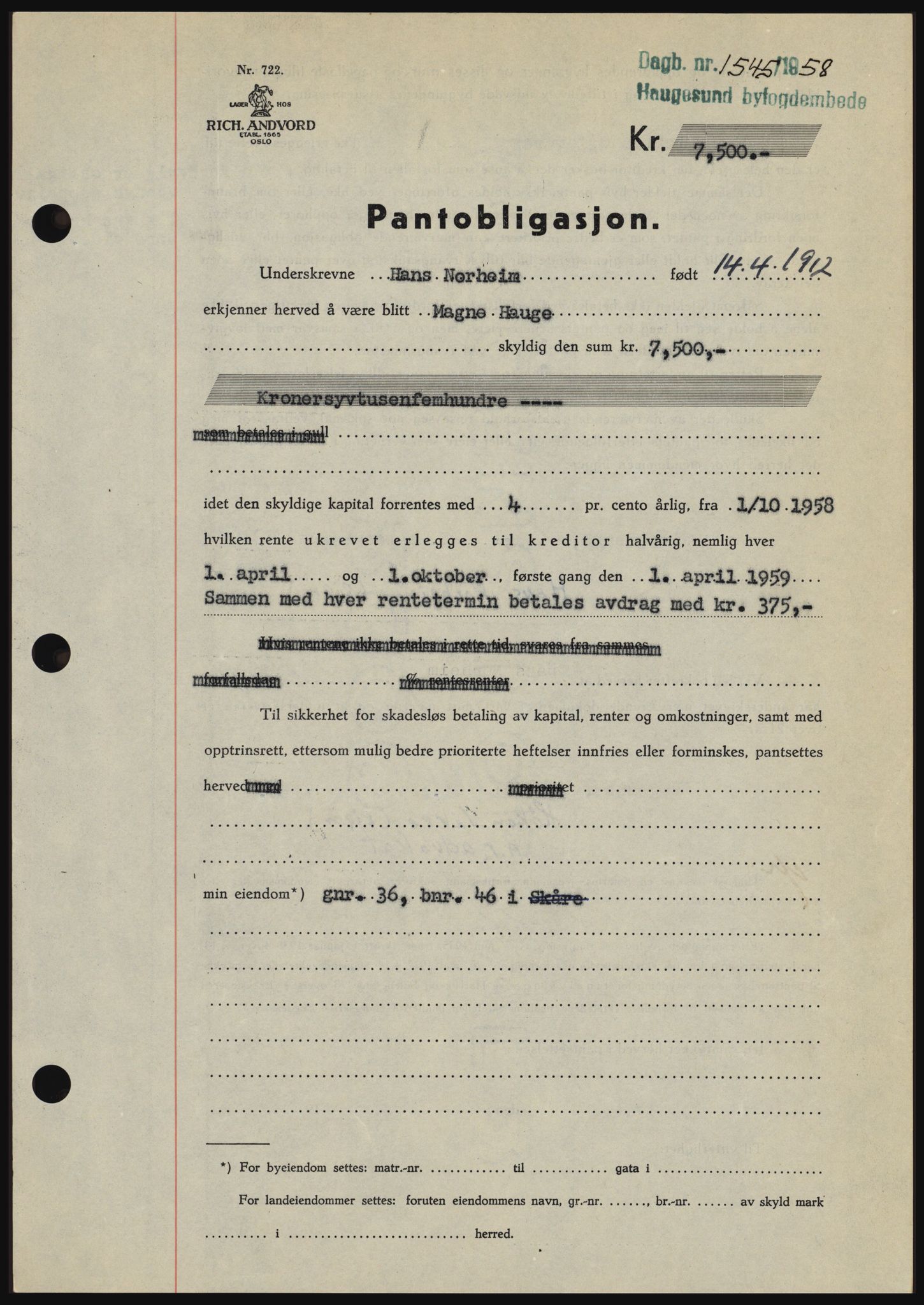 Haugesund tingrett, SAST/A-101415/01/II/IIC/L0044: Mortgage book no. B 44, 1958-1959, Diary no: : 1545/1958