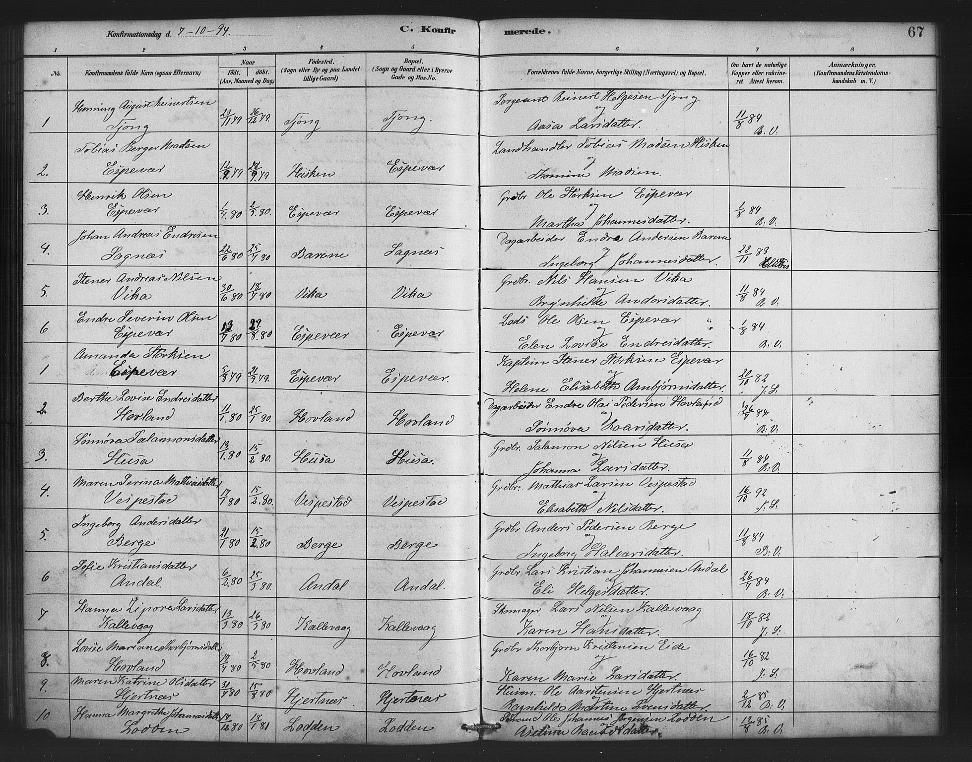 Finnås sokneprestembete, AV/SAB-A-99925/H/Ha/Haa/Haad/L0001: Parish register (official) no. D 1, 1880-1894, p. 67