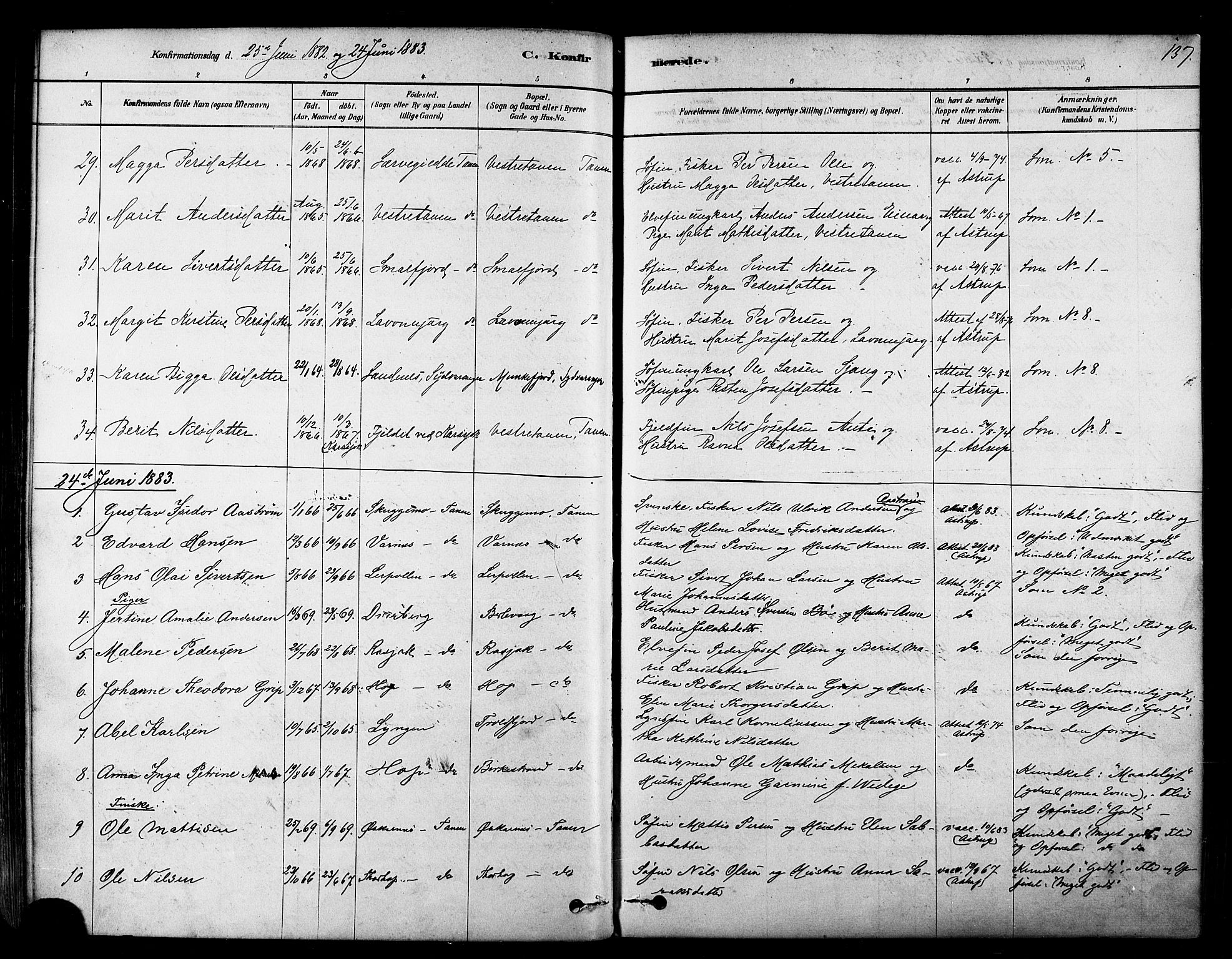 Tana sokneprestkontor, SATØ/S-1334/H/Ha/L0004kirke: Parish register (official) no. 4, 1878-1891, p. 137