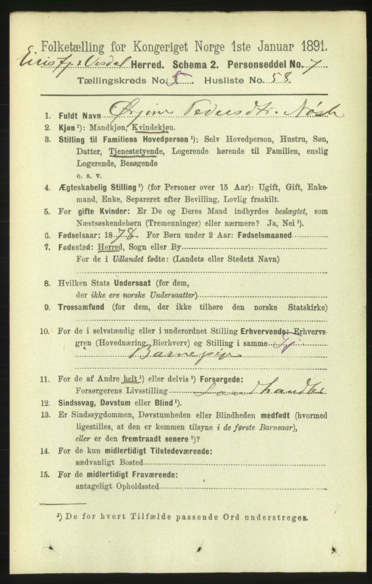 RA, 1891 census for 1542 Eresfjord og Vistdal, 1891, p. 1418