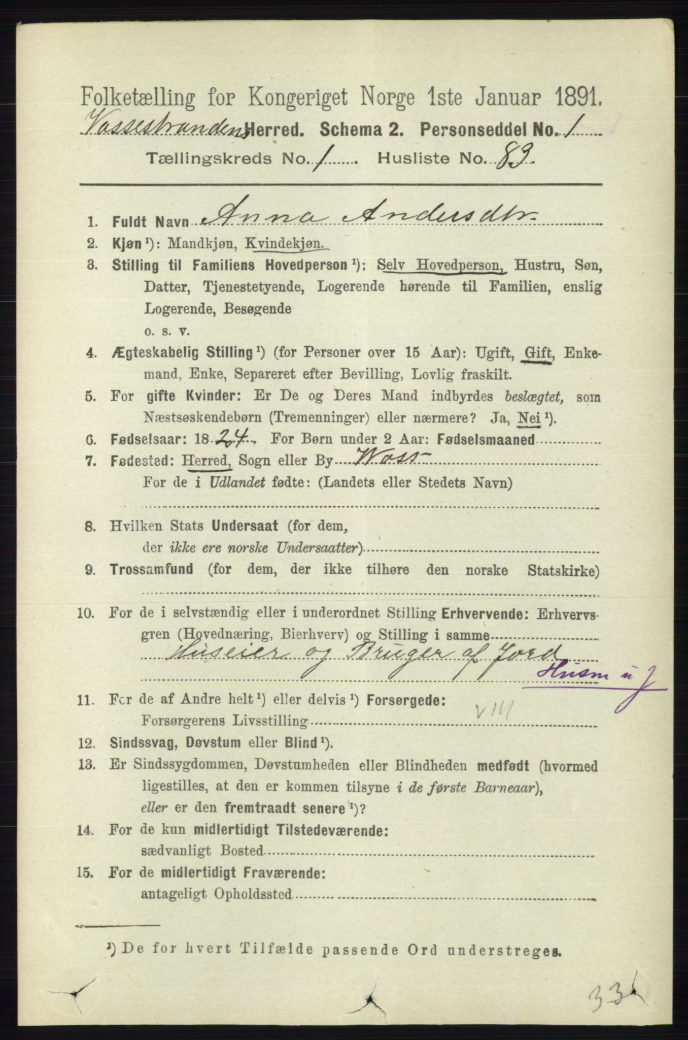 RA, 1891 census for 1236 Vossestrand, 1891, p. 635