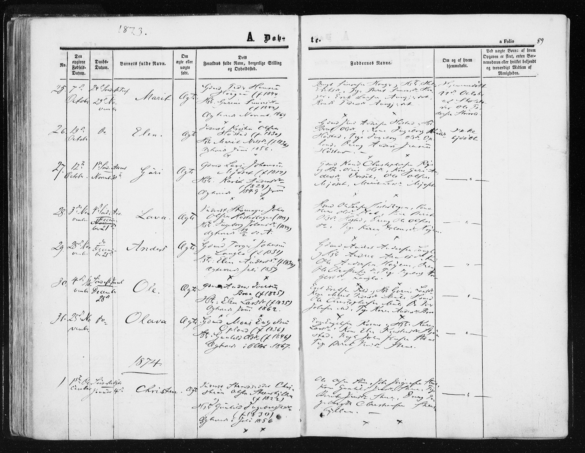 Ministerialprotokoller, klokkerbøker og fødselsregistre - Sør-Trøndelag, SAT/A-1456/612/L0377: Parish register (official) no. 612A09, 1859-1877, p. 89