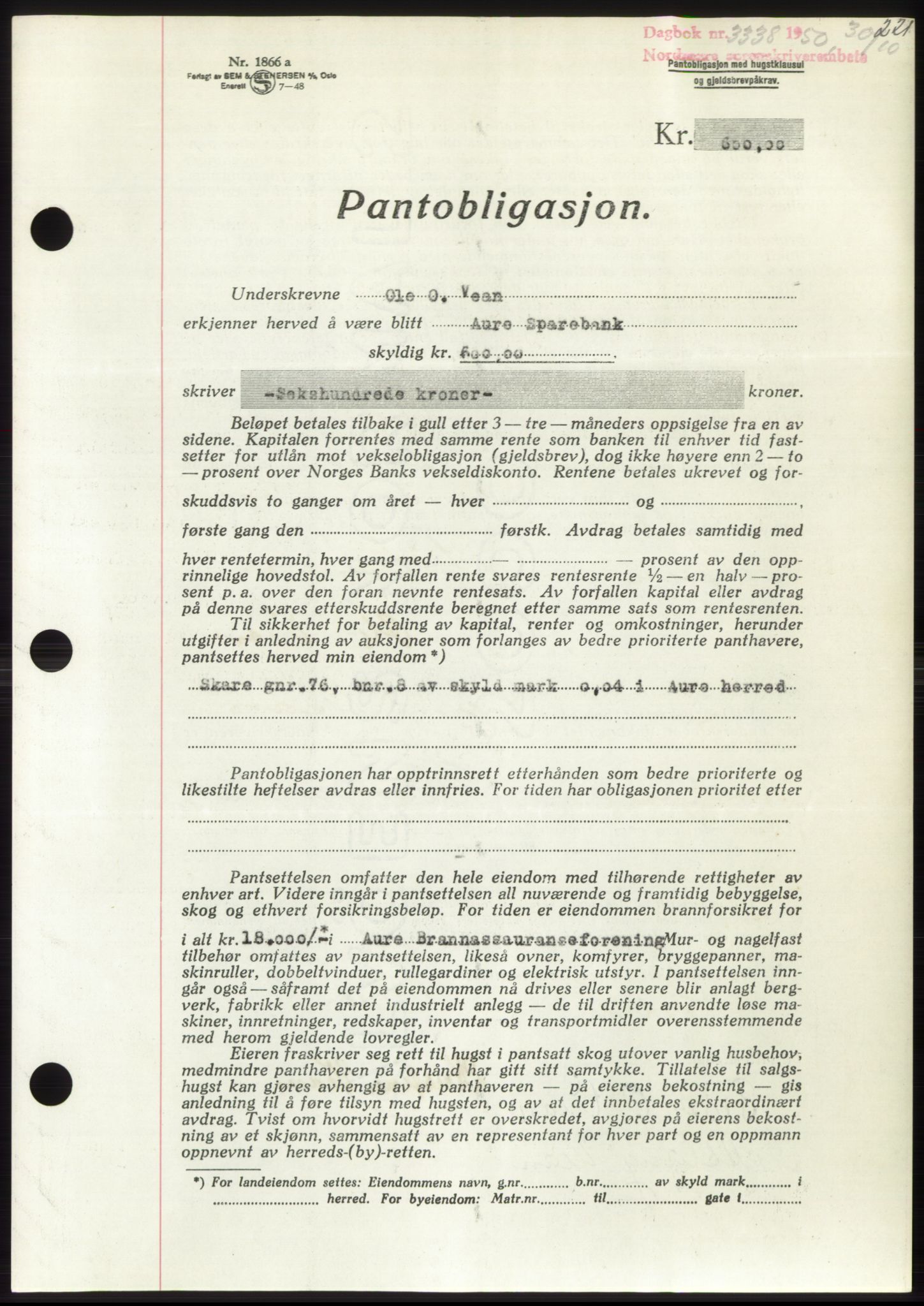 Nordmøre sorenskriveri, AV/SAT-A-4132/1/2/2Ca: Mortgage book no. B106, 1950-1950, Diary no: : 3338/1950