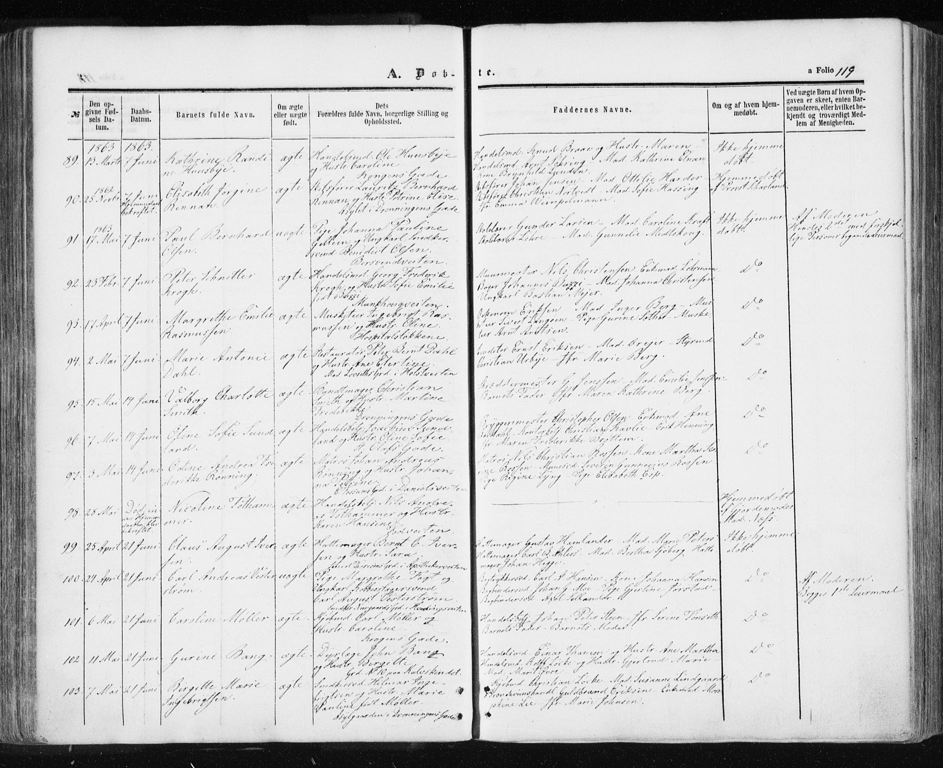 Ministerialprotokoller, klokkerbøker og fødselsregistre - Sør-Trøndelag, SAT/A-1456/601/L0053: Parish register (official) no. 601A21, 1857-1865, p. 119
