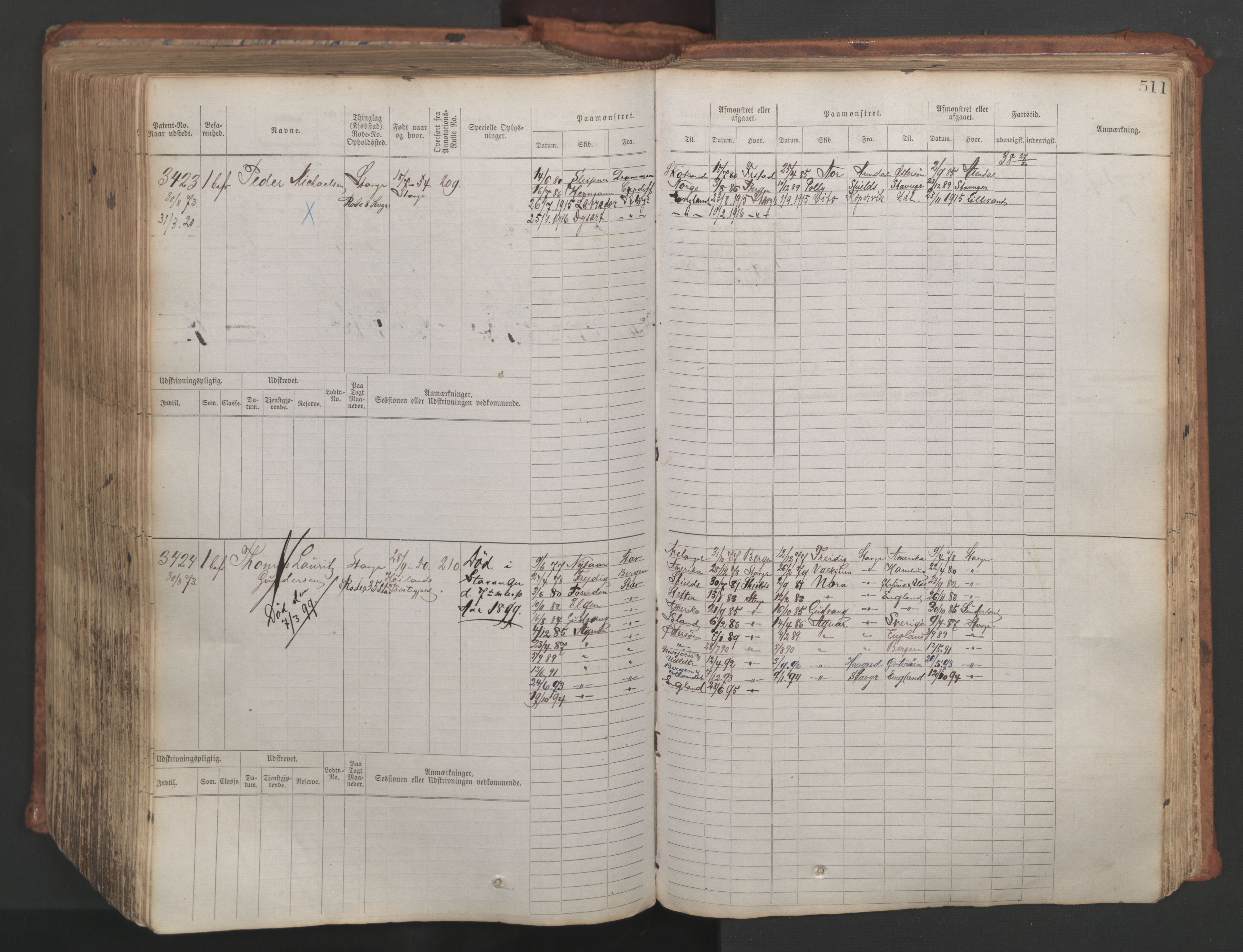 Stavanger sjømannskontor, AV/SAST-A-102006/F/Fb/Fbb/L0007: Sjøfartshovedrulle, patentnr. 2403-3604, 1869-1880, p. 565