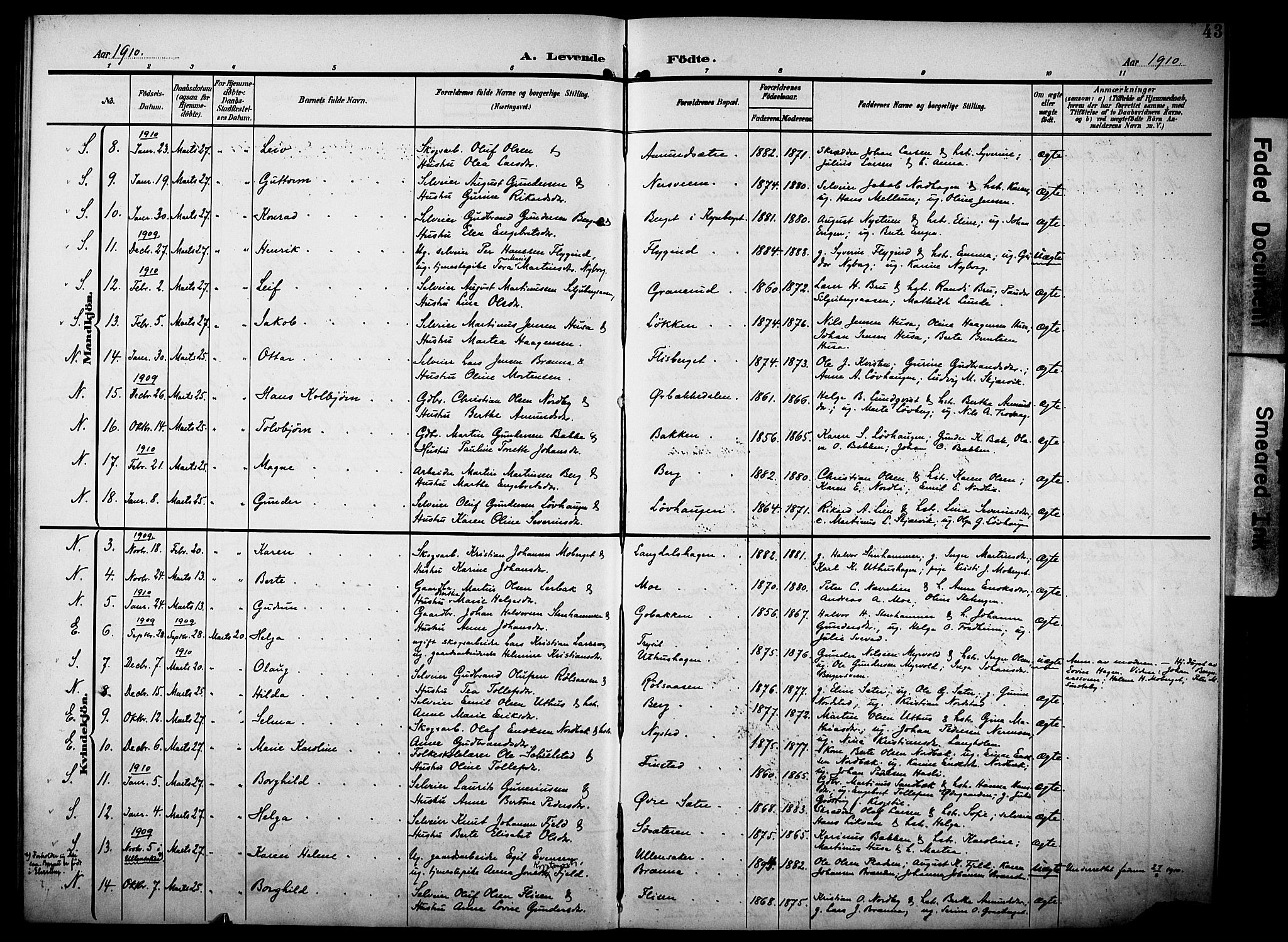 Elverum prestekontor, AV/SAH-PREST-044/H/Ha/Haa/L0016: Parish register (official) no. 16, 1903-1912, p. 43