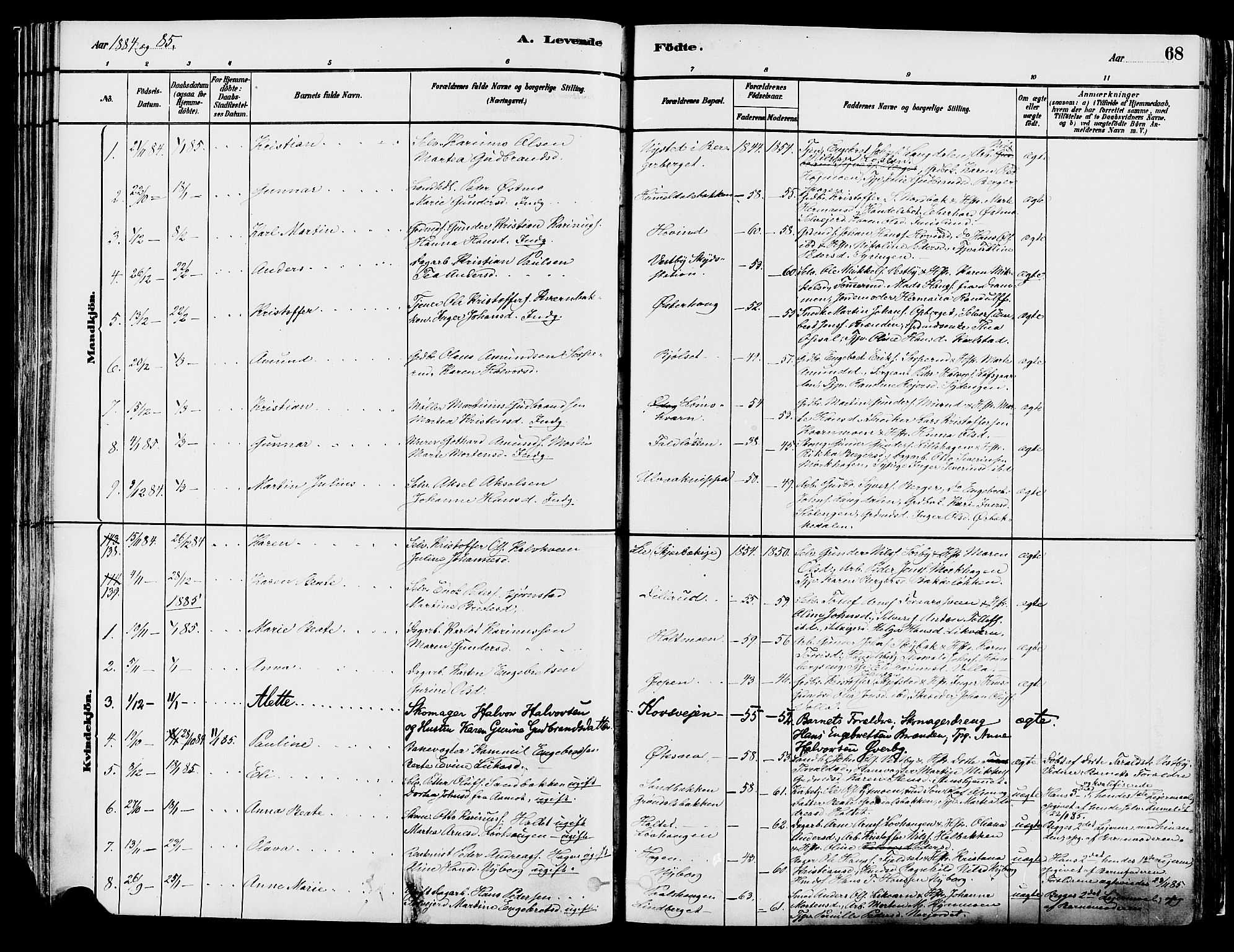 Elverum prestekontor, AV/SAH-PREST-044/H/Ha/Haa/L0013: Parish register (official) no. 13, 1880-1890, p. 68