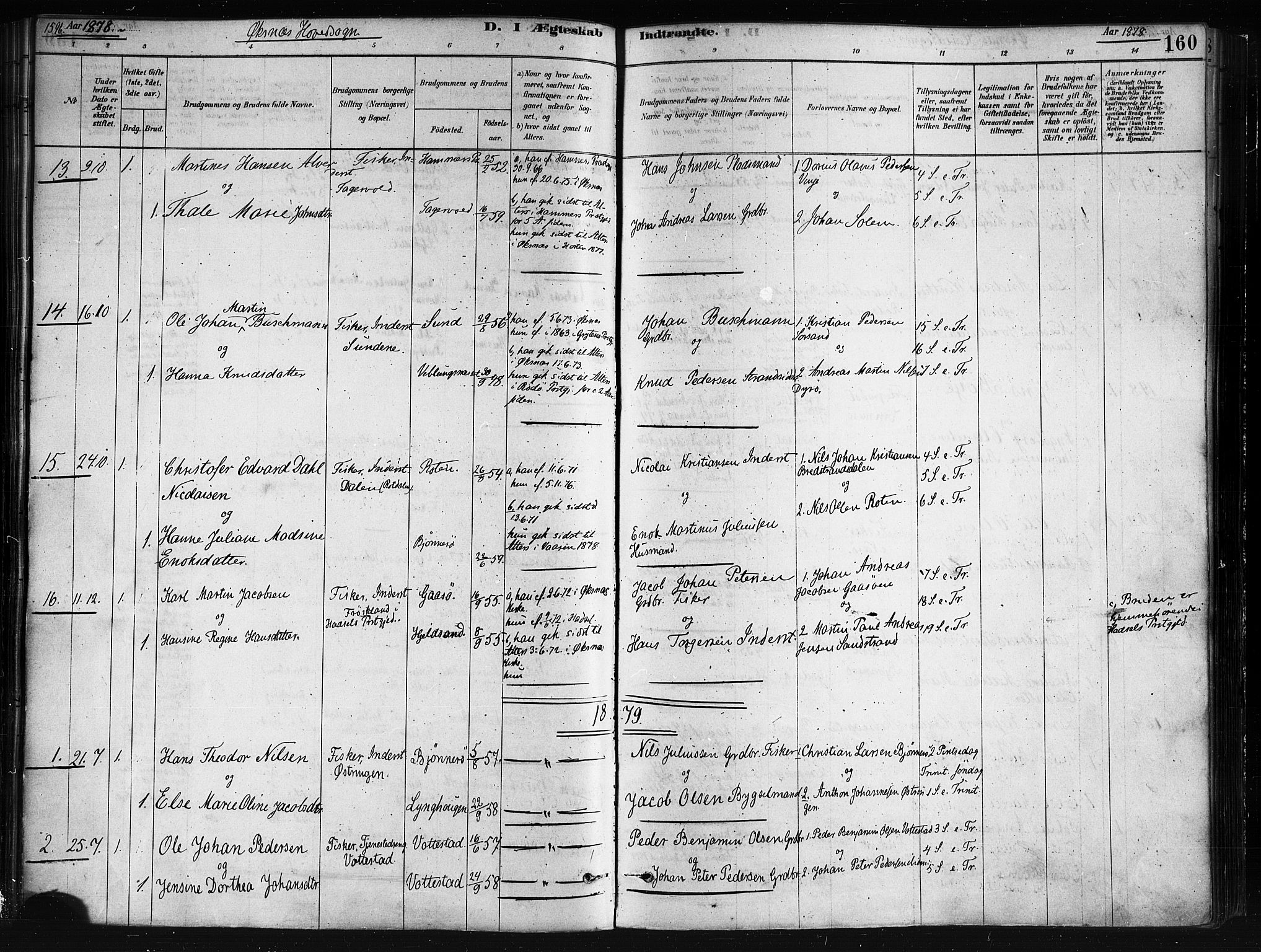 Ministerialprotokoller, klokkerbøker og fødselsregistre - Nordland, SAT/A-1459/893/L1335: Parish register (official) no. 893A08 /1, 1878-1884, p. 160