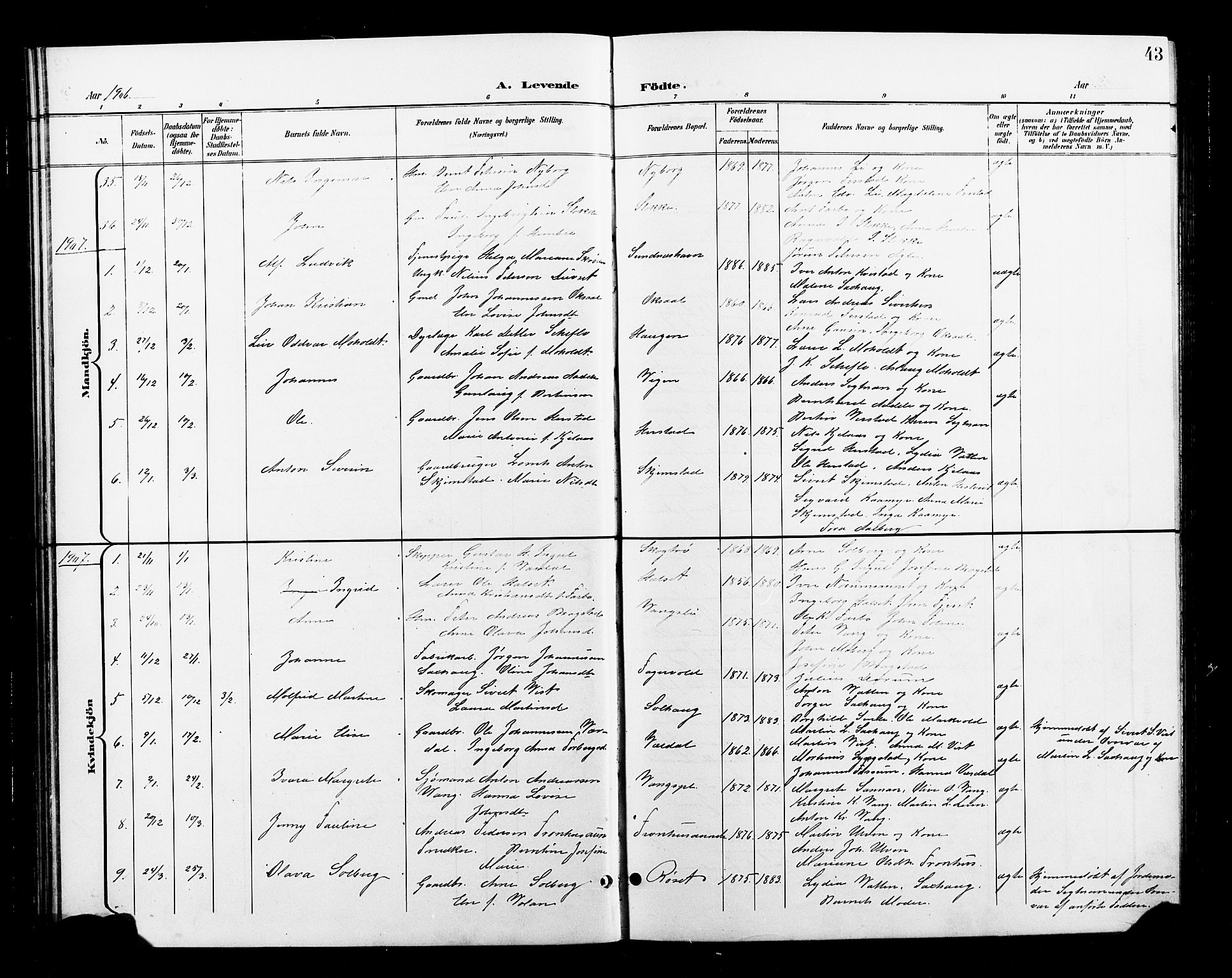 Ministerialprotokoller, klokkerbøker og fødselsregistre - Nord-Trøndelag, SAT/A-1458/730/L0302: Parish register (copy) no. 730C05, 1898-1924, p. 43