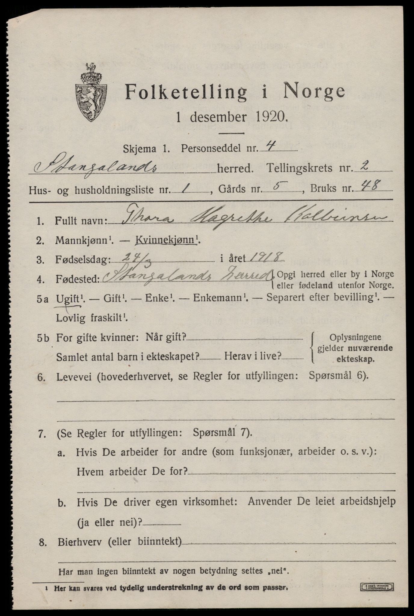 SAST, 1920 census for Stangaland, 1920, p. 1205