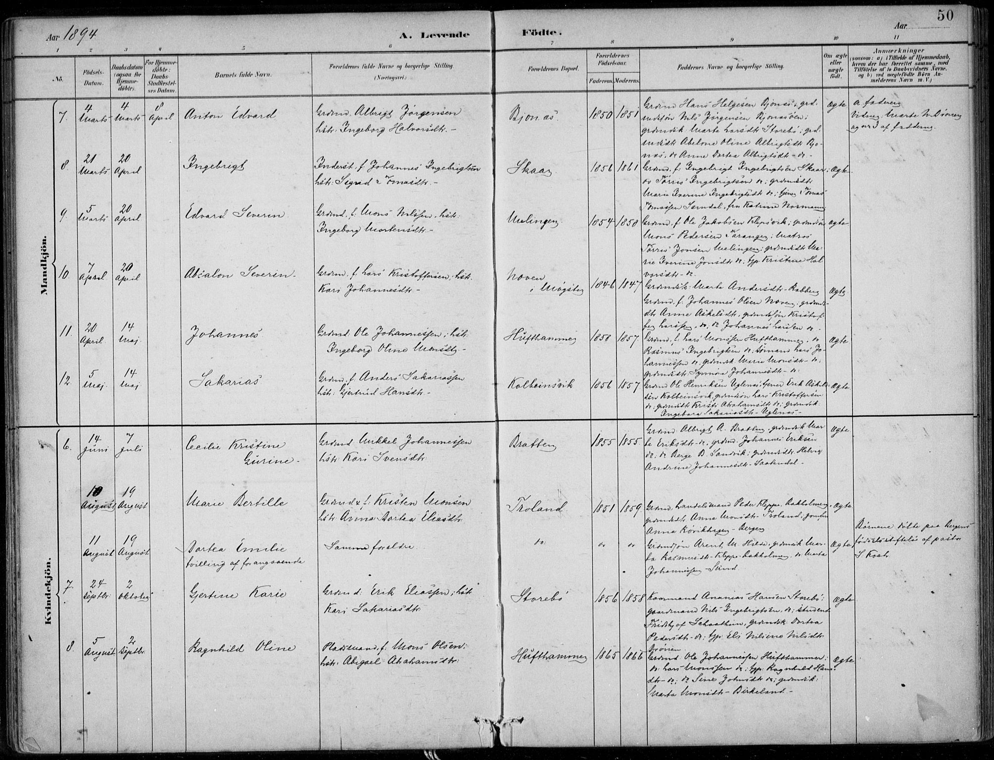 Sund sokneprestembete, SAB/A-99930: Parish register (official) no. C  1, 1882-1899, p. 50