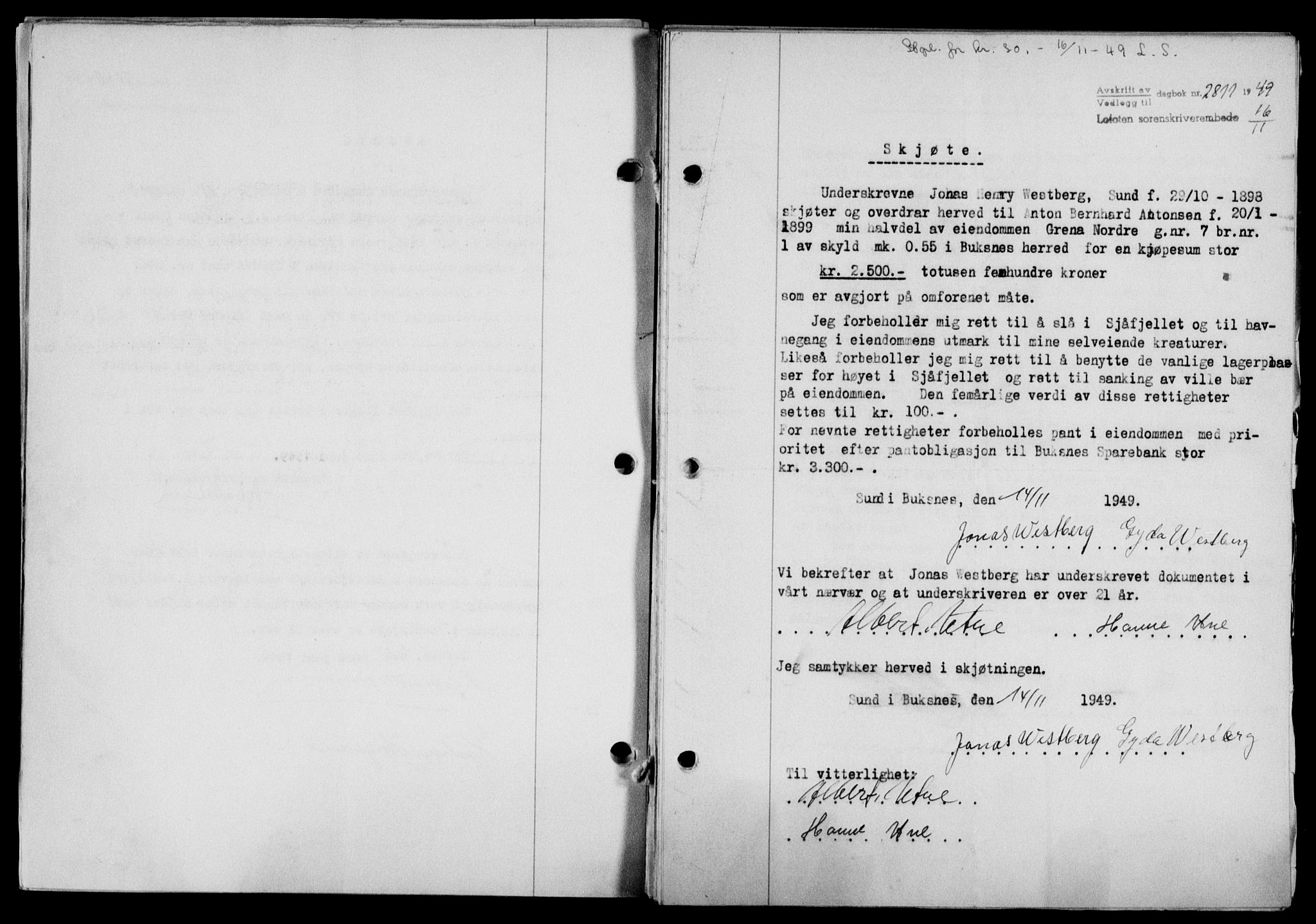 Lofoten sorenskriveri, SAT/A-0017/1/2/2C/L0022a: Mortgage book no. 22a, 1949-1950, Diary no: : 2811/1949