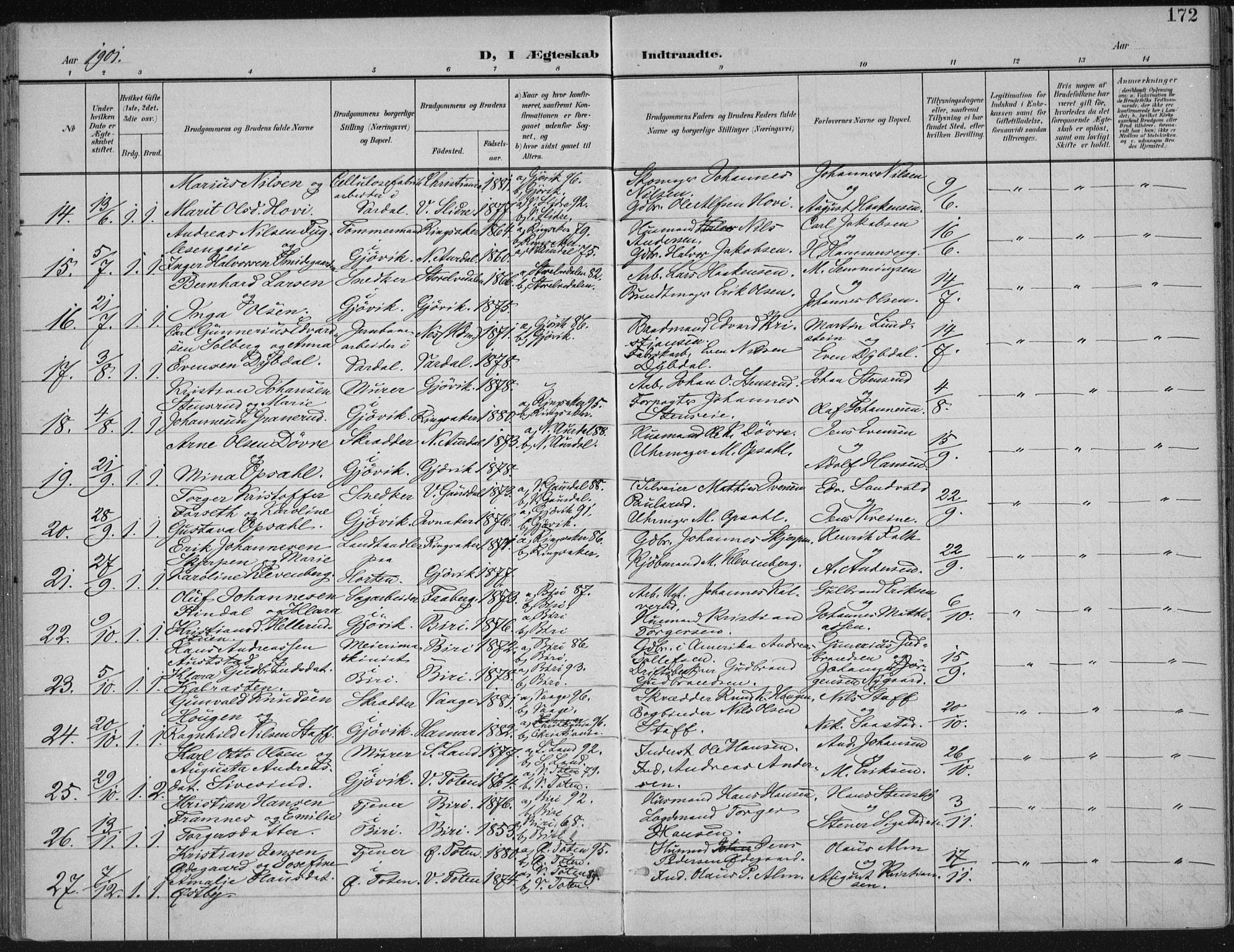 Vardal prestekontor, SAH/PREST-100/H/Ha/Haa/L0013: Parish register (official) no. 13, 1901-1911, p. 172