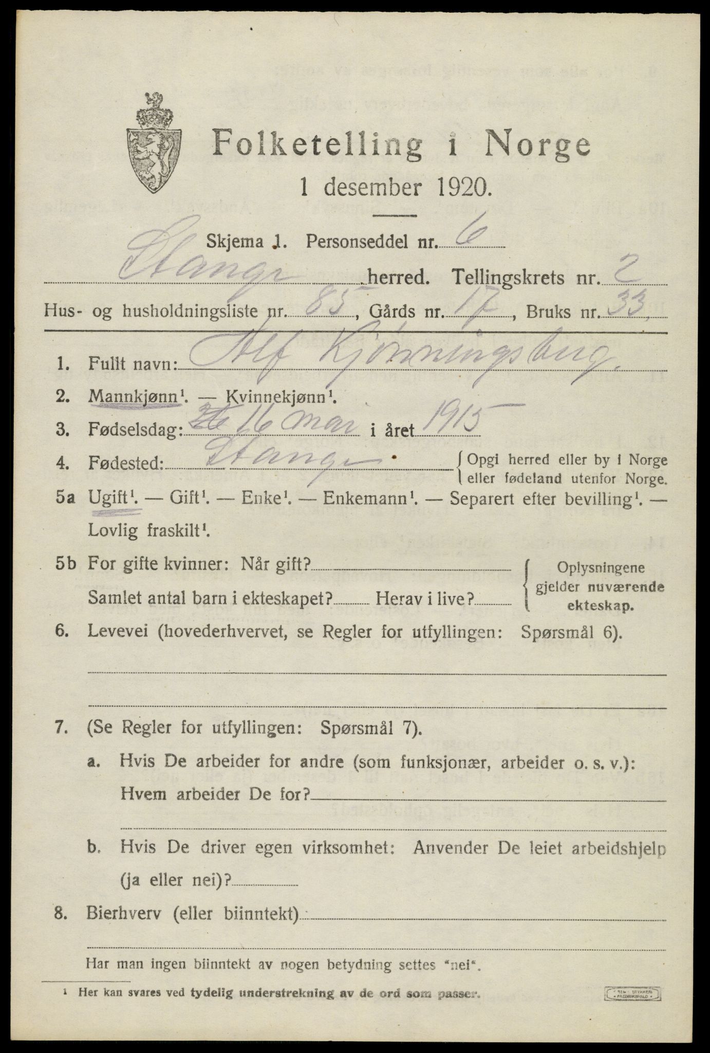 SAH, 1920 census for Stange, 1920, p. 5187