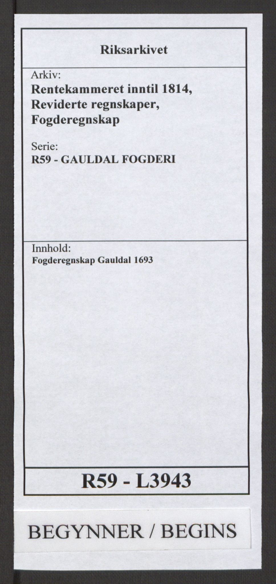 Rentekammeret inntil 1814, Reviderte regnskaper, Fogderegnskap, RA/EA-4092/R59/L3943: Fogderegnskap Gauldal, 1693, p. 1