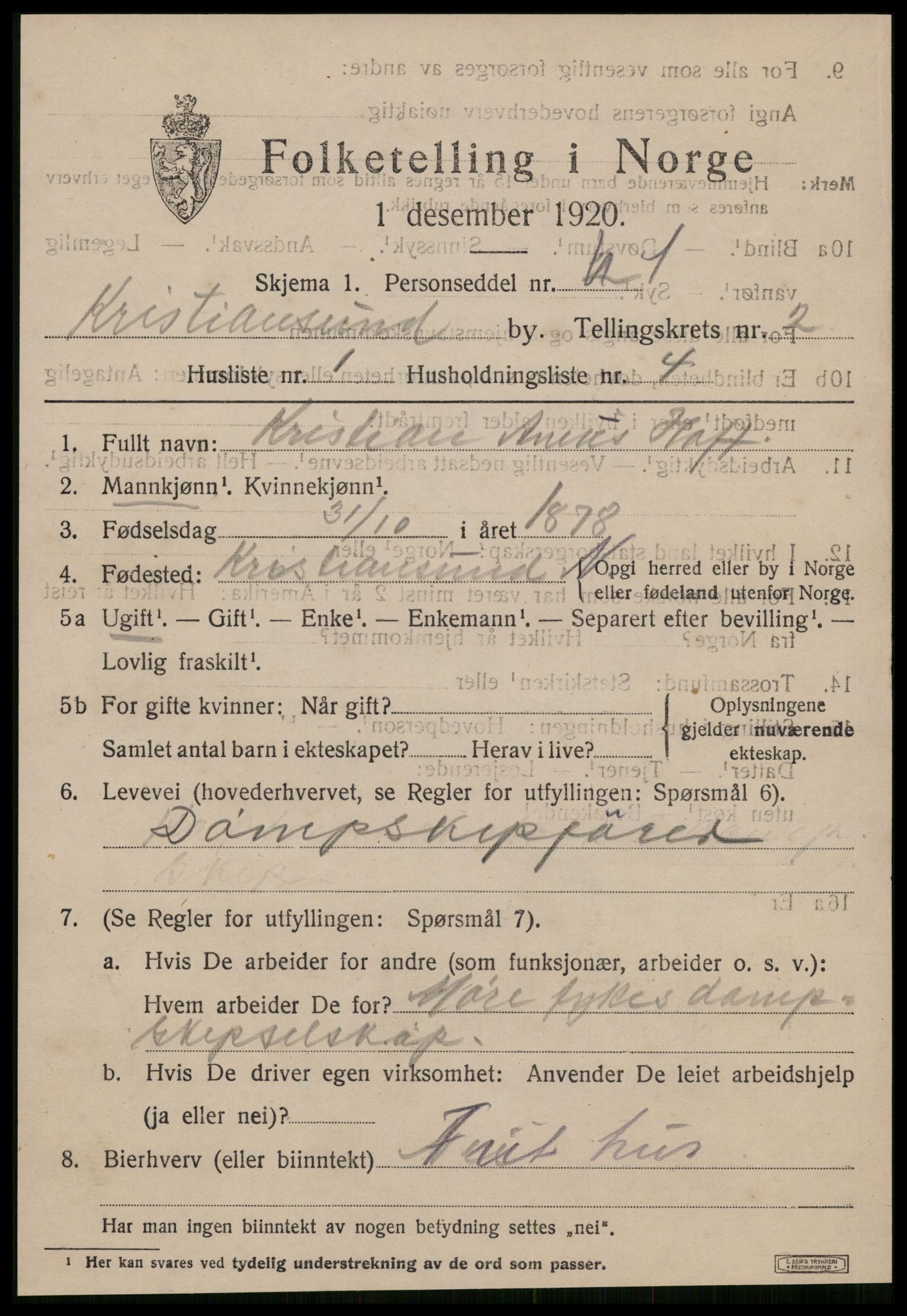 SAT, 1920 census for Kristiansund, 1920, p. 11449