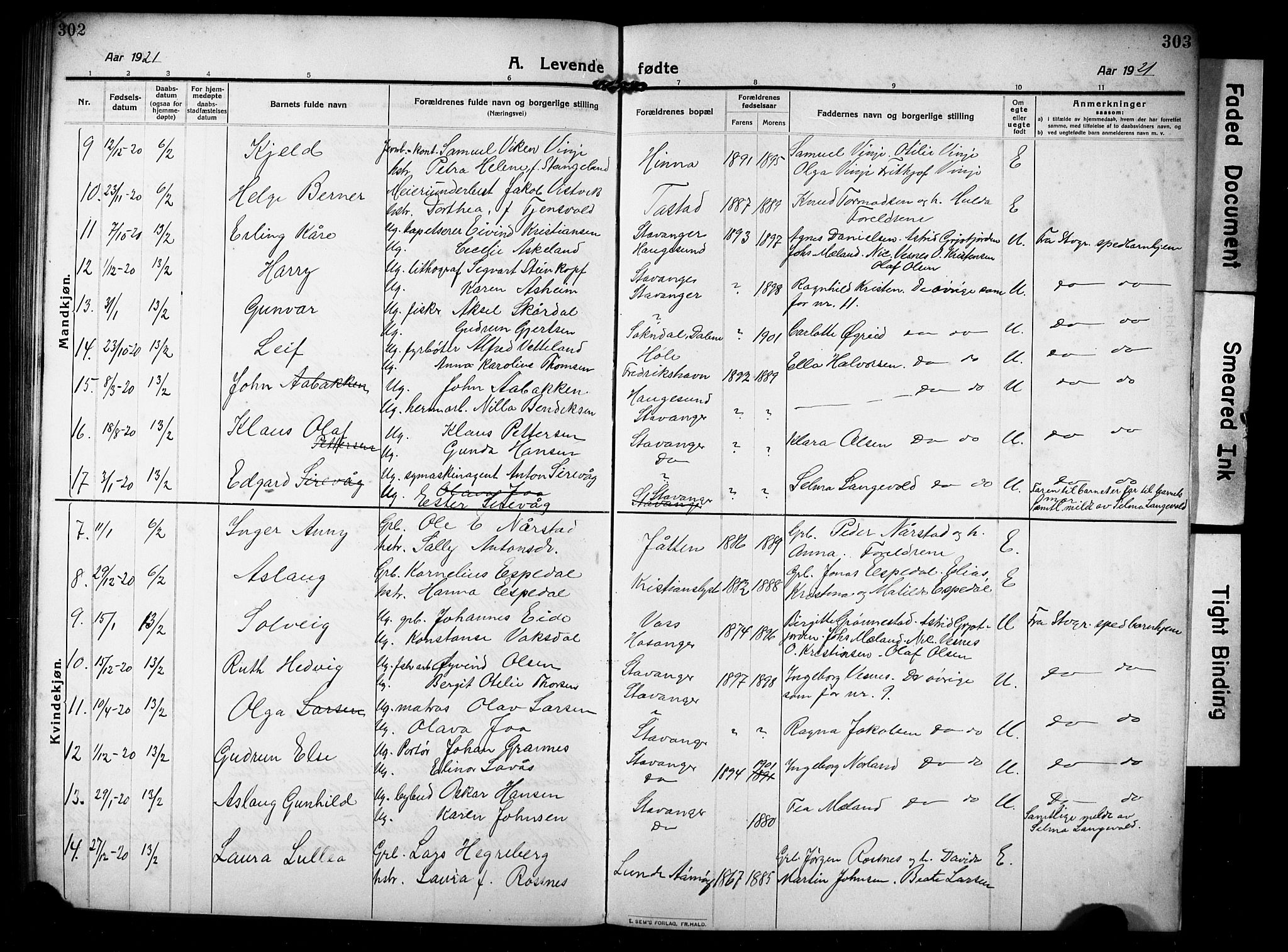 Hetland sokneprestkontor, SAST/A-101826/30/30BB/L0008: Parish register (copy) no. B 8, 1910-1921, p. 302-303