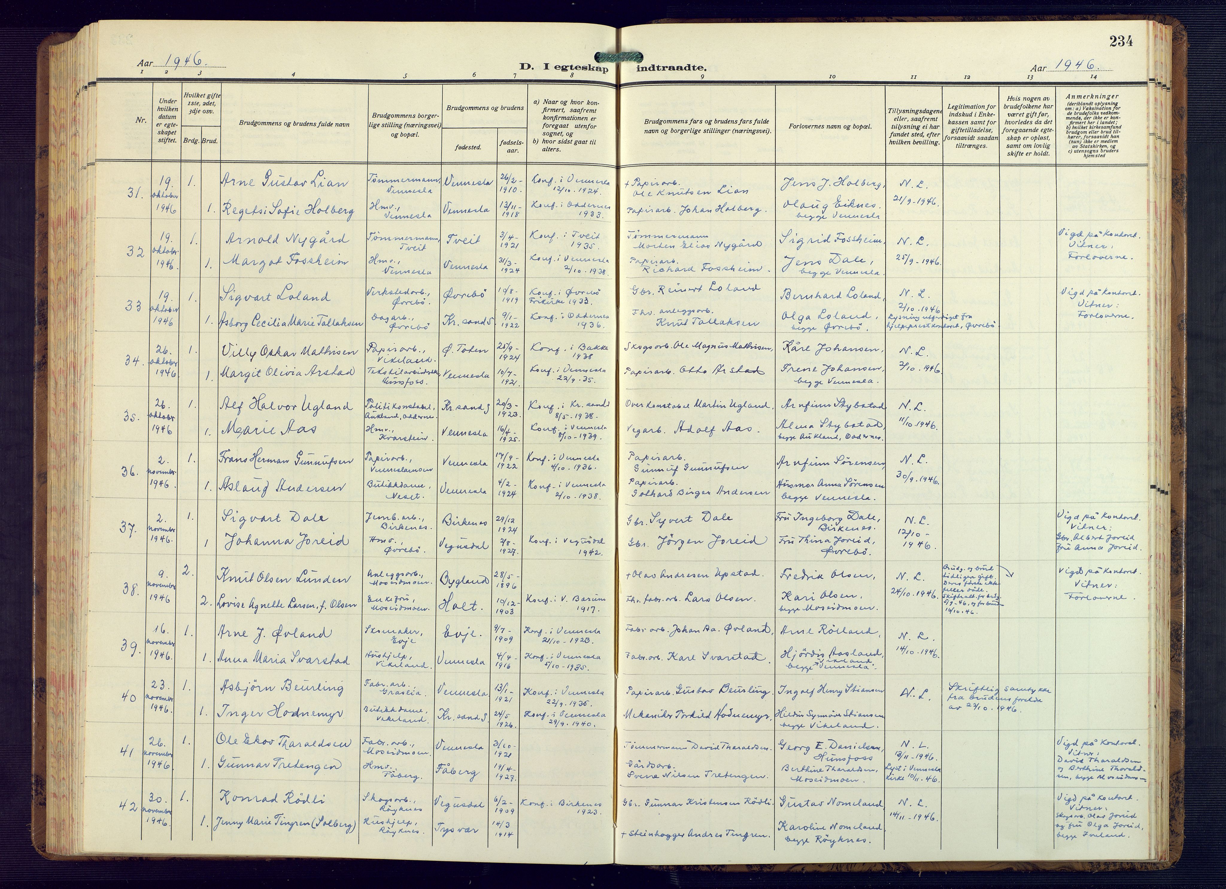 Vennesla sokneprestkontor, AV/SAK-1111-0045/Fb/Fbb/L0008: Parish register (copy) no. B 8, 1934-1947, p. 234