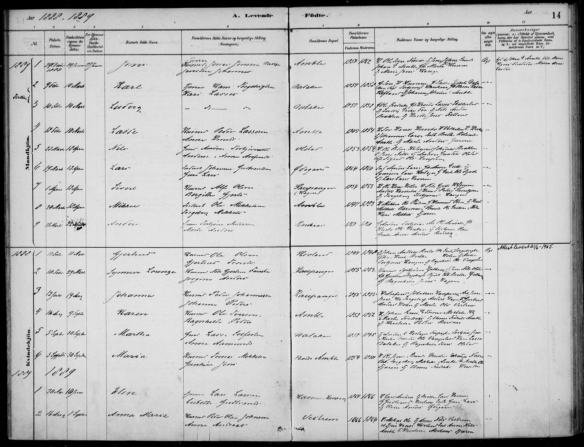 Sogndal sokneprestembete, SAB/A-81301/H/Haa/Haad/L0001: Parish register (official) no. D  1, 1878-1907, p. 14