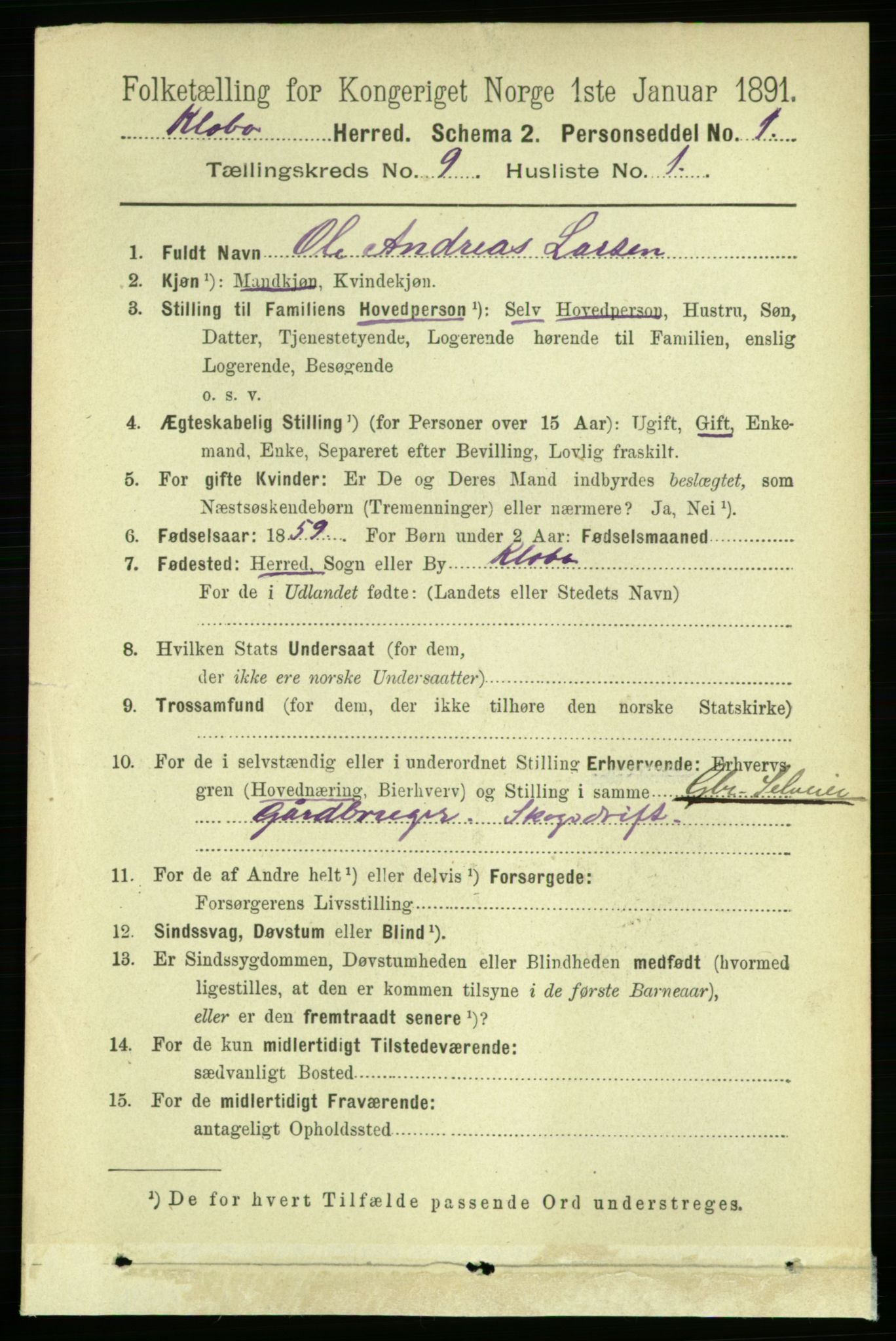 RA, 1891 census for 1662 Klæbu, 1891, p. 1741