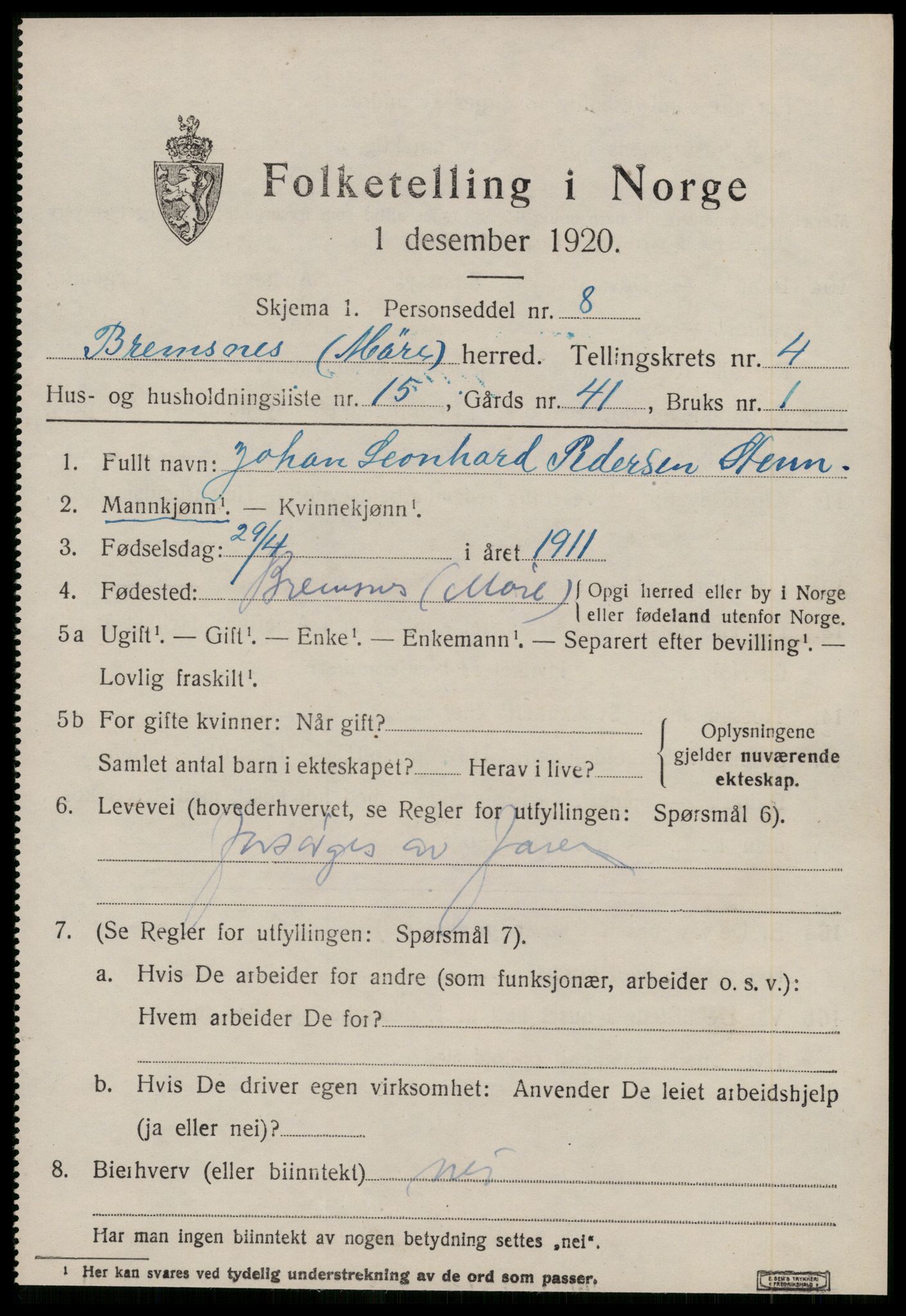 SAT, 1920 census for Bremsnes, 1920, p. 4365