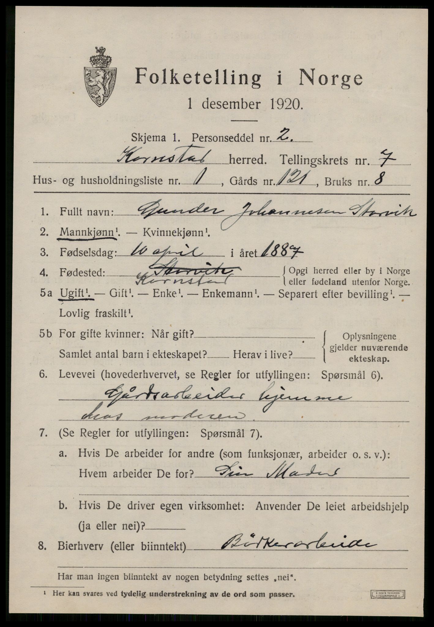 SAT, 1920 census for Kornstad, 1920, p. 3753