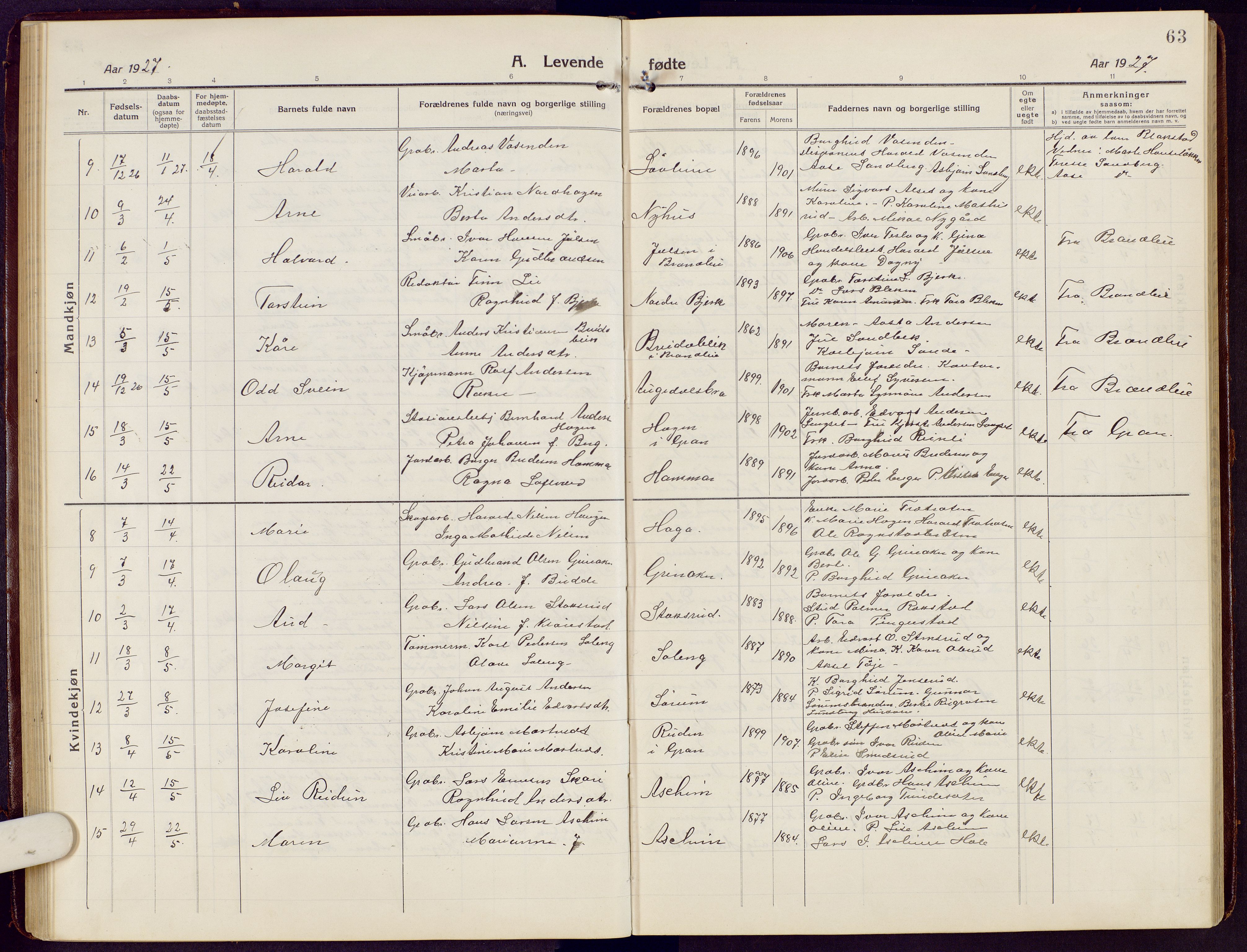 Brandbu prestekontor, SAH/PREST-114/H/Ha/Hab/L0010: Parish register (copy) no. 10, 1916-1930, p. 63