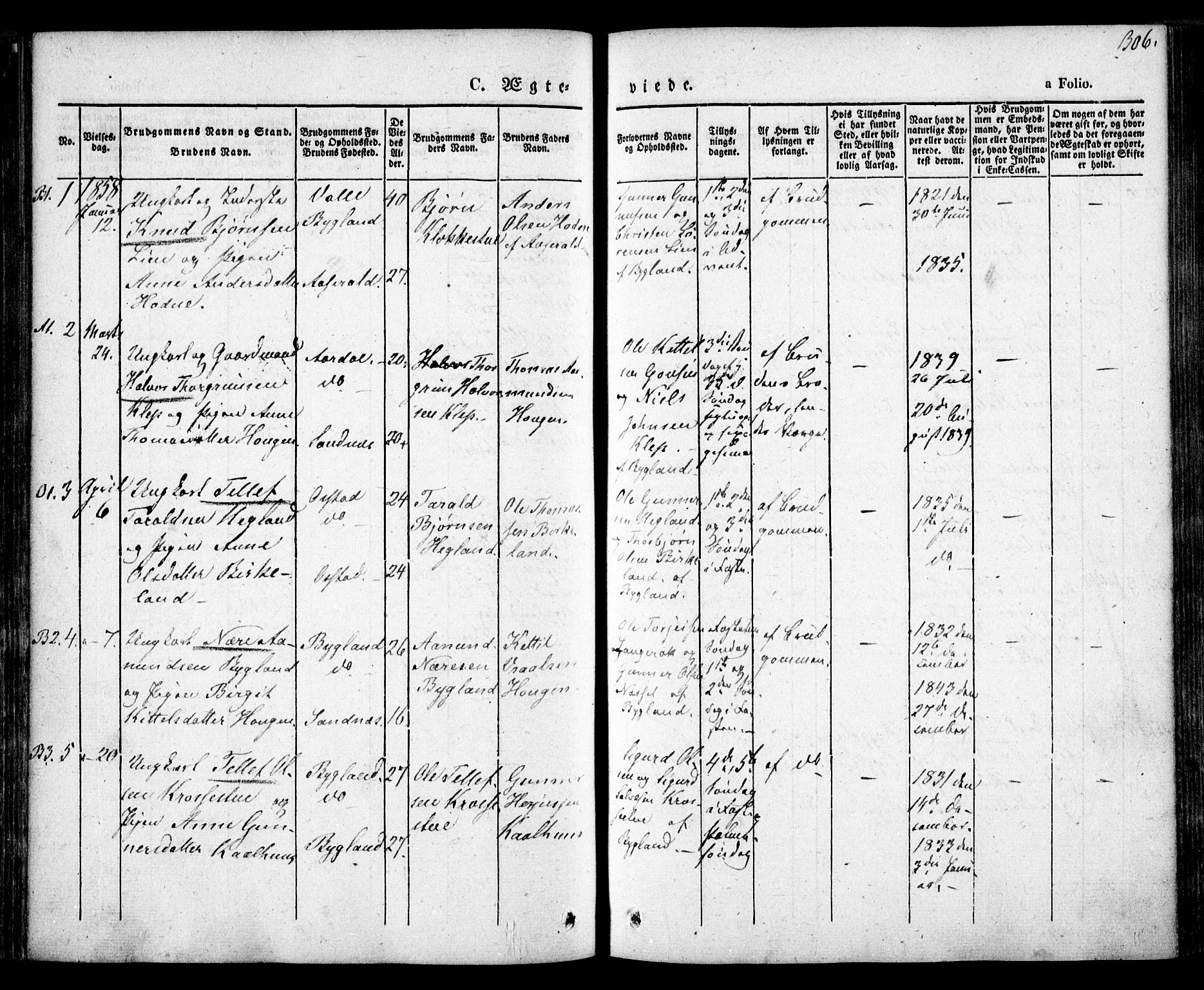 Bygland sokneprestkontor, SAK/1111-0006/F/Fa/Fab/L0004: Parish register (official) no. A 4, 1842-1858, p. 306