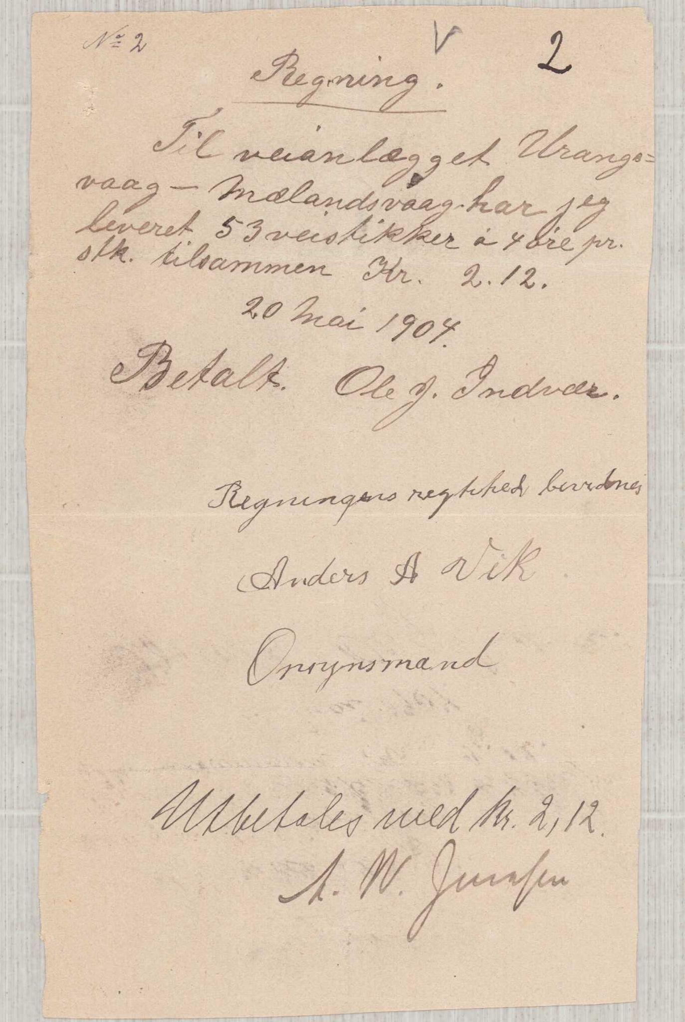 Finnaas kommune. Formannskapet, IKAH/1218a-021/E/Ea/L0002/0003: Rekneskap for veganlegg / Rekneskap for veganlegget Urangsvåg - Mælandsvåg, 1904-1905, p. 10