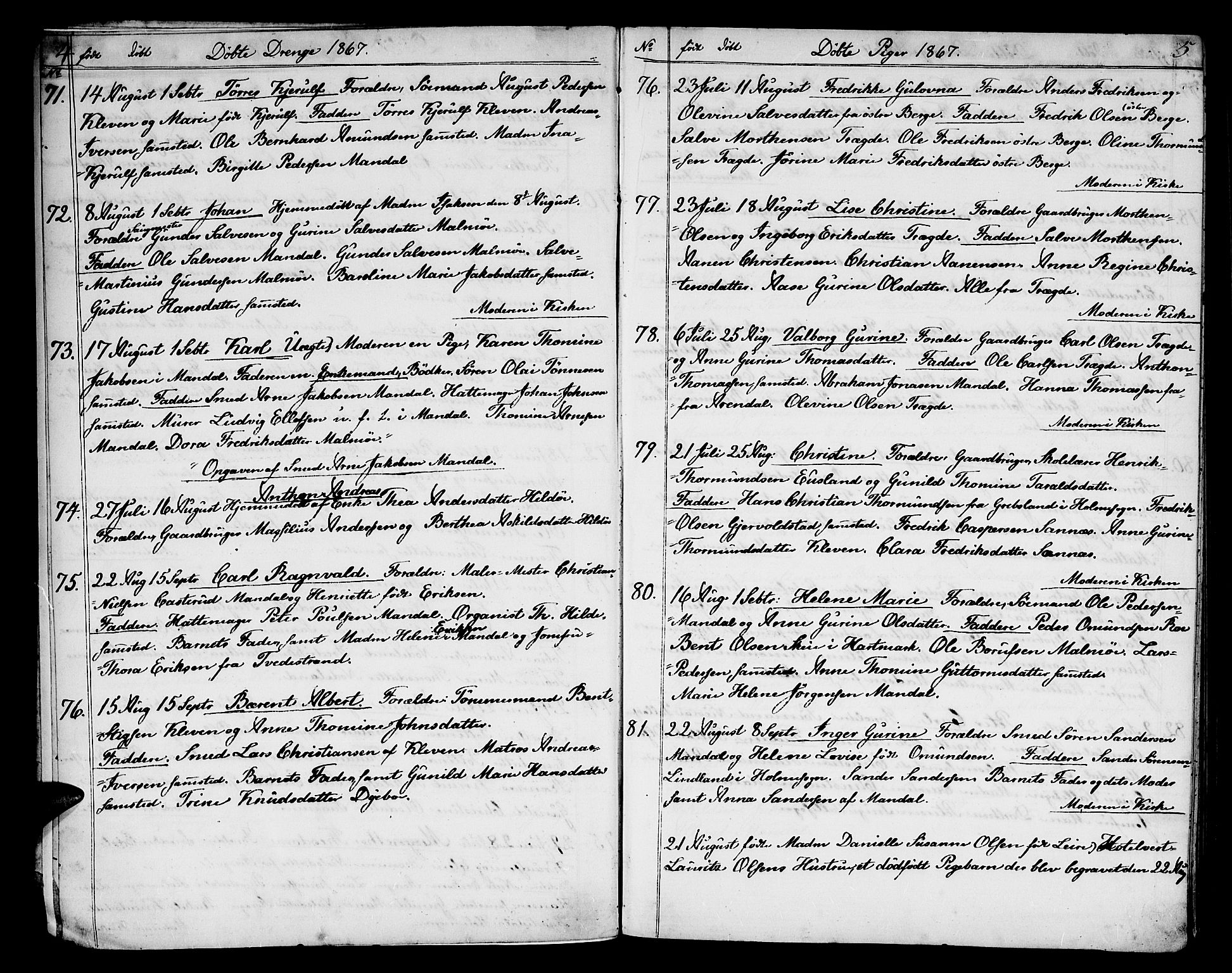 Mandal sokneprestkontor, AV/SAK-1111-0030/F/Fb/Fba/L0009: Parish register (copy) no. B 3, 1867-1877, p. 4-5