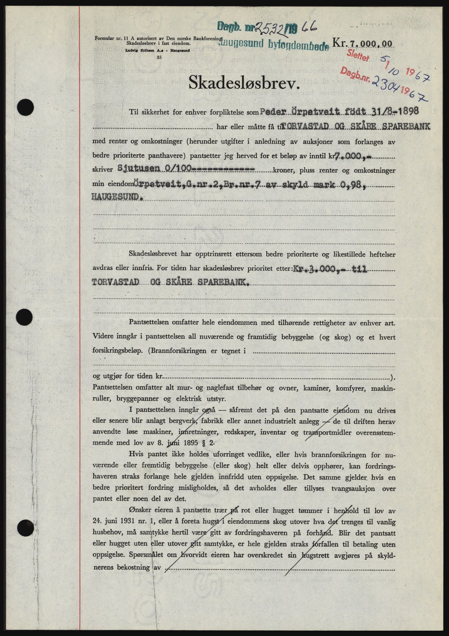Haugesund tingrett, SAST/A-101415/01/II/IIC/L0056: Mortgage book no. B 56, 1966-1967, Diary no: : 2532/1966