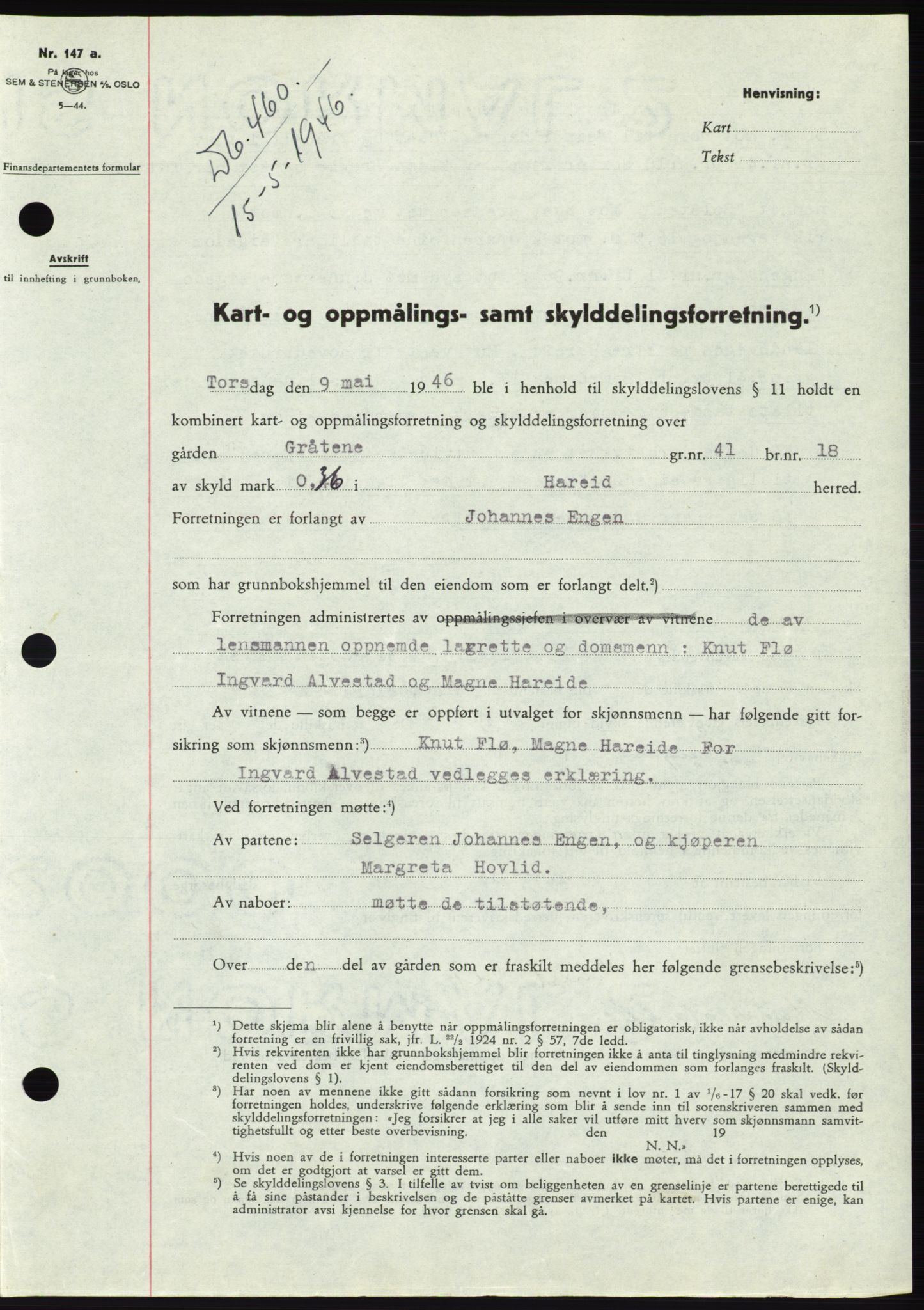 Søre Sunnmøre sorenskriveri, AV/SAT-A-4122/1/2/2C/L0078: Mortgage book no. 4A, 1946-1946, Diary no: : 460/1946