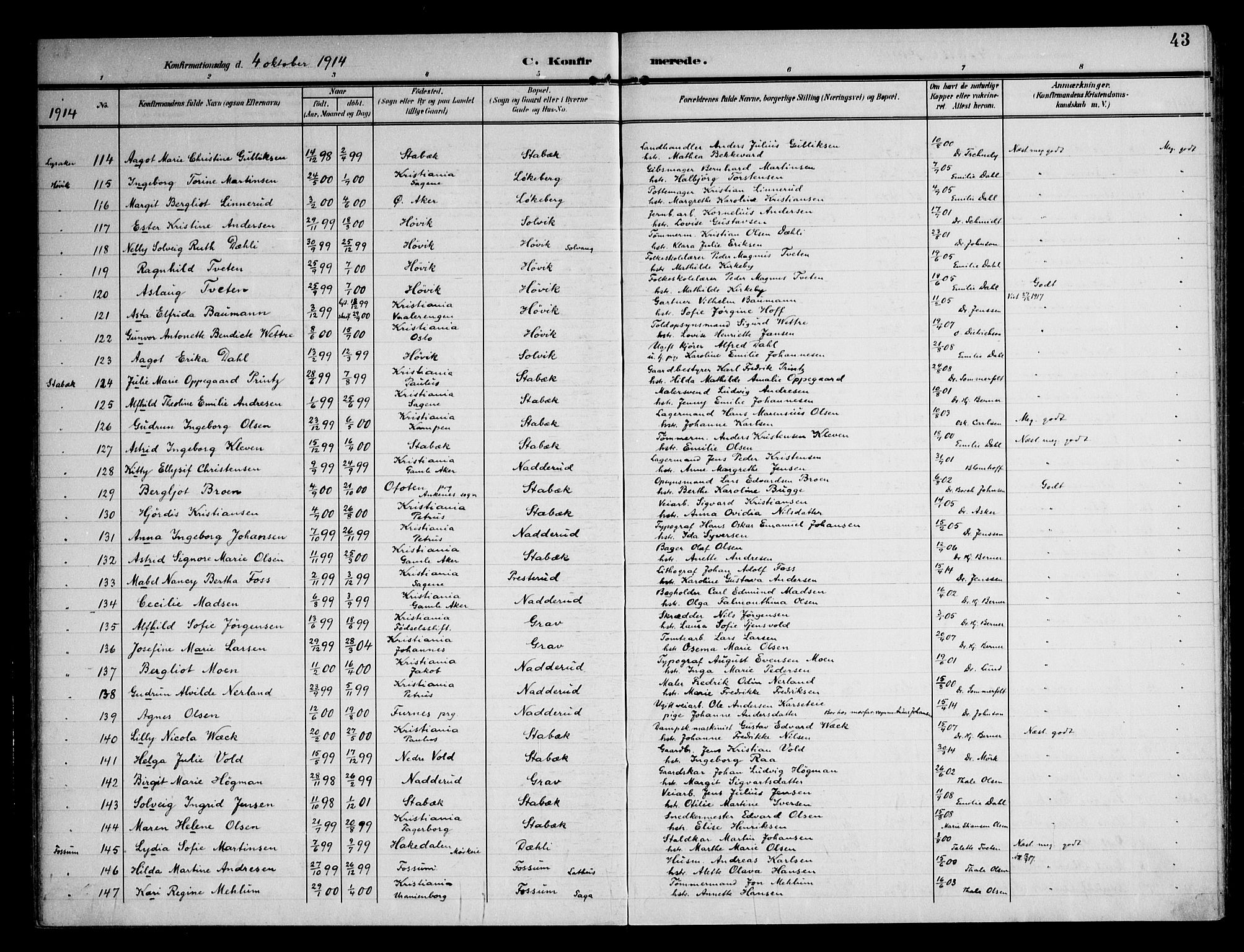 Østre Bærum prestekontor Kirkebøker, AV/SAO-A-10887/F/Fa/L0002: Parish register (official) no. 2, 1904-1924, p. 43