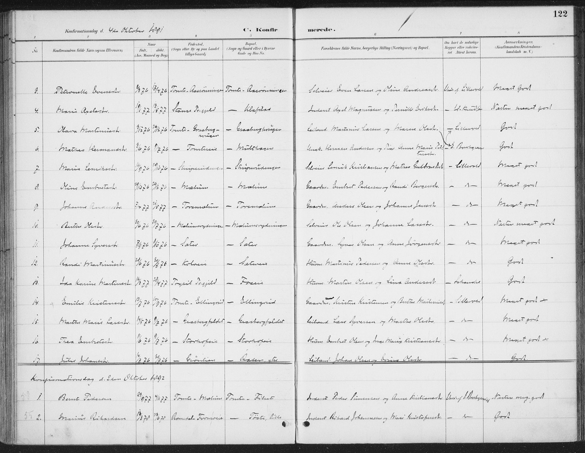 Romedal prestekontor, SAH/PREST-004/K/L0008: Parish register (official) no. 8, 1887-1905, p. 122
