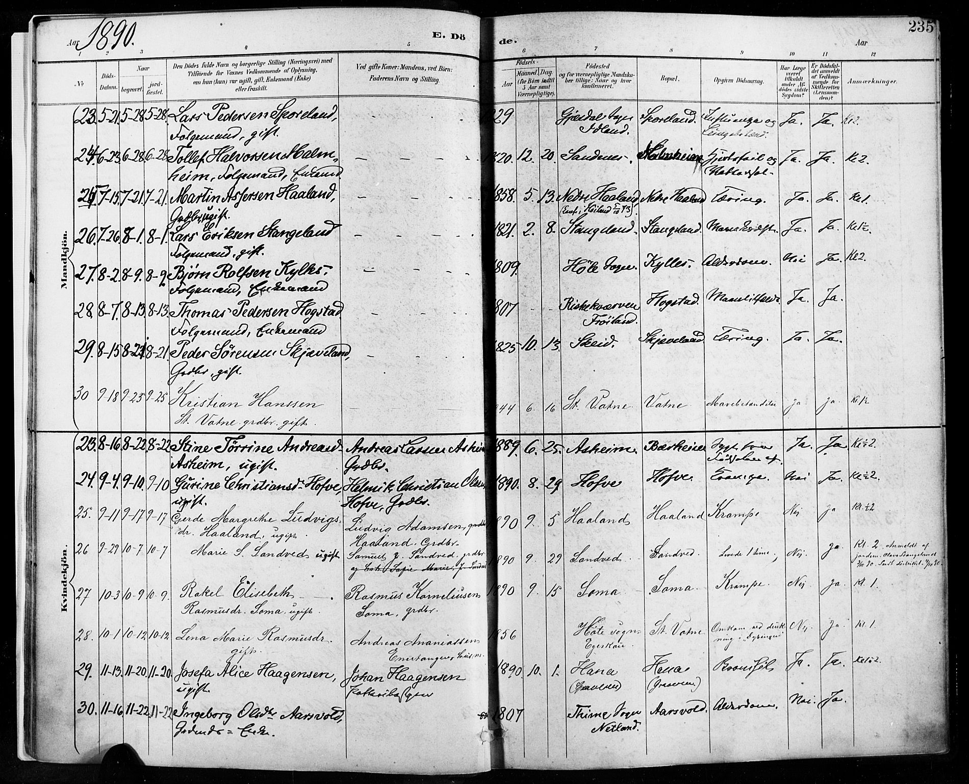 Høyland sokneprestkontor, AV/SAST-A-101799/001/30BA/L0013: Parish register (official) no. A 13.2, 1889-1898, p. 235