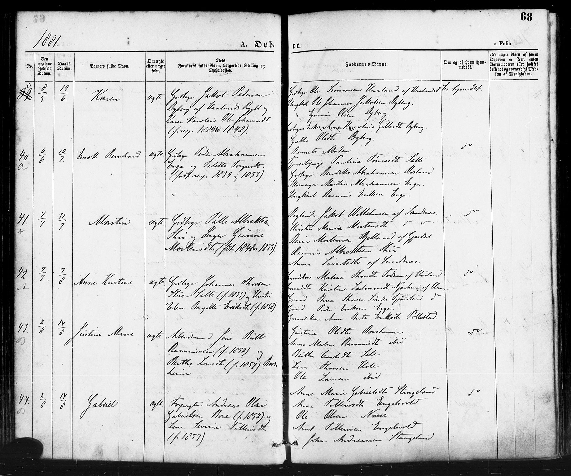 Klepp sokneprestkontor, AV/SAST-A-101803/001/3/30BA/L0006: Parish register (official) no. A 6, 1871-1885, p. 68