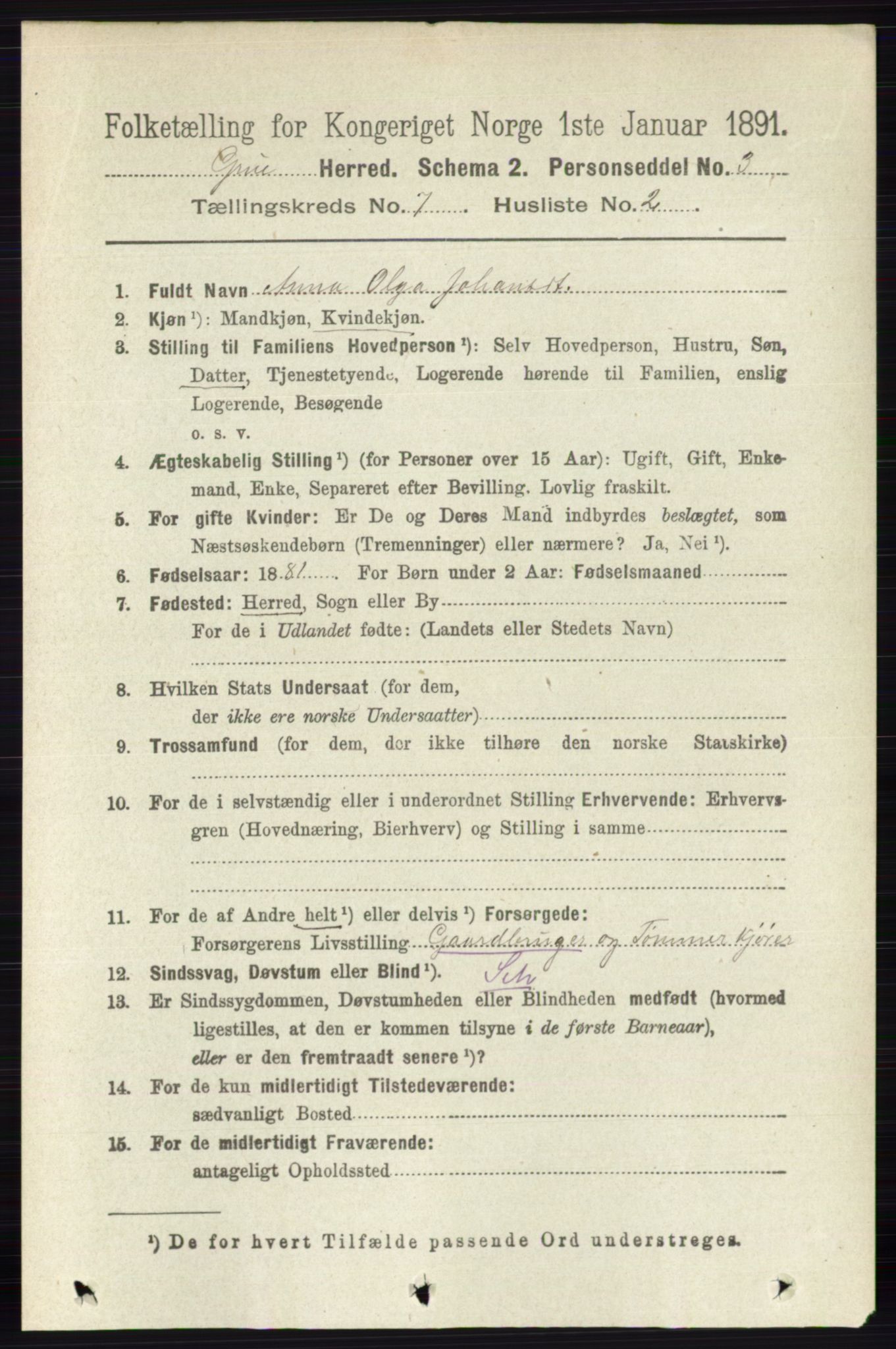 RA, 1891 census for 0423 Grue, 1891, p. 3577