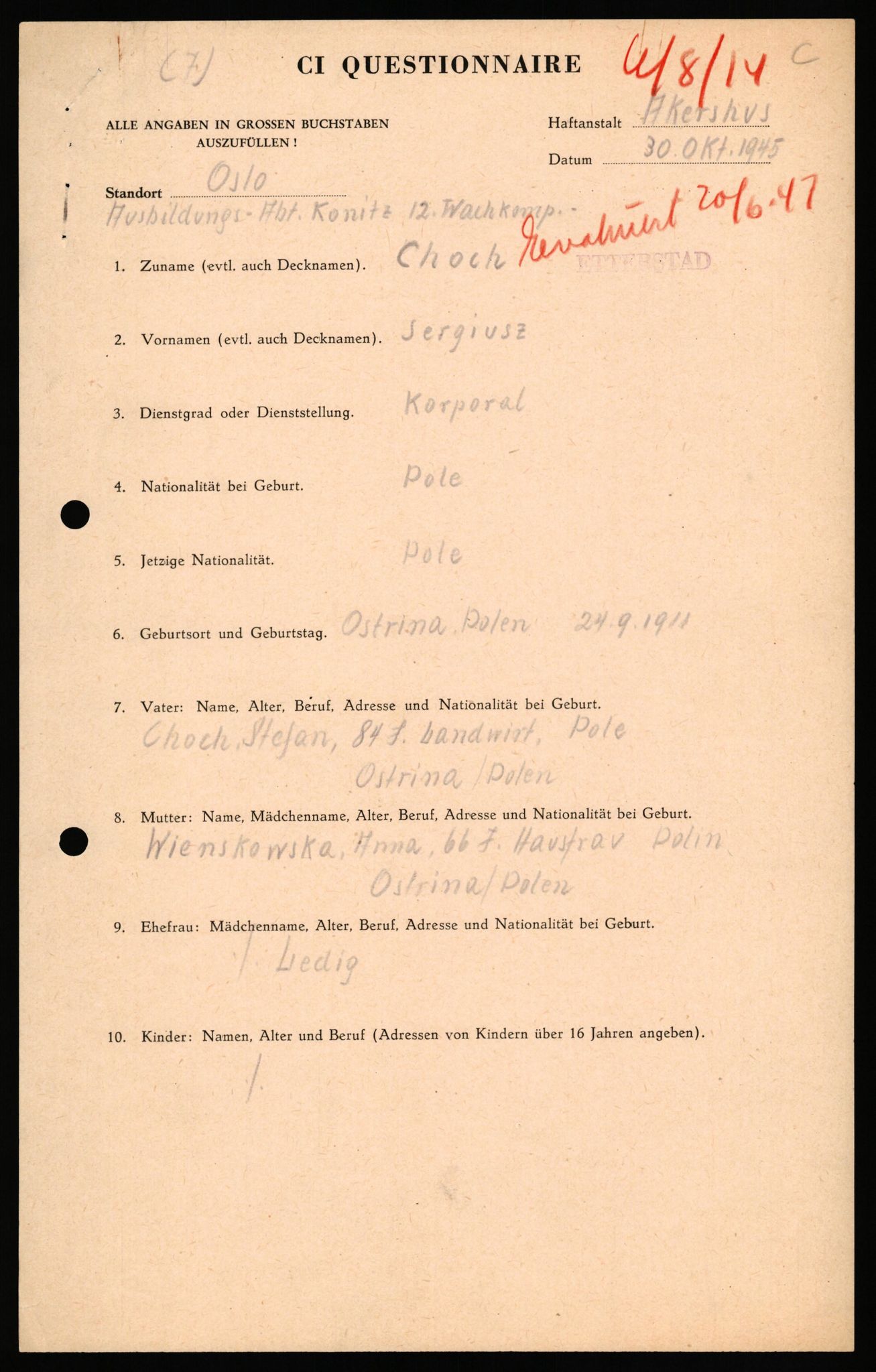 Forsvaret, Forsvarets overkommando II, AV/RA-RAFA-3915/D/Db/L0041: CI Questionaires.  Diverse nasjonaliteter., 1945-1946, p. 36