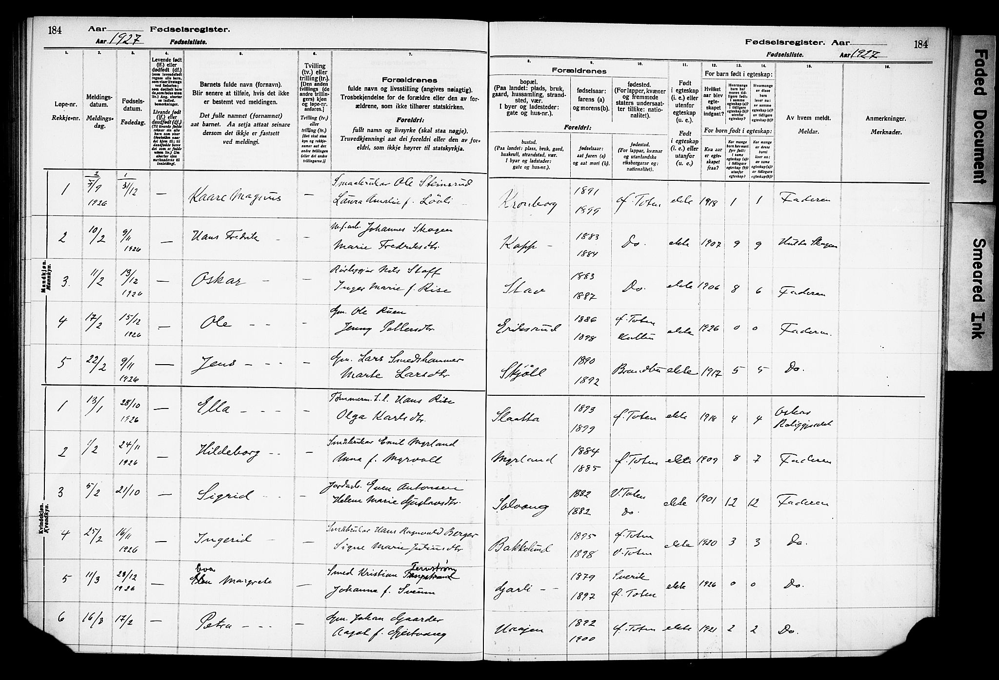 Østre Toten prestekontor, SAH/PREST-104/I/Id/L0001/0001: Birth register no. 1.1, 1916-1928, p. 184