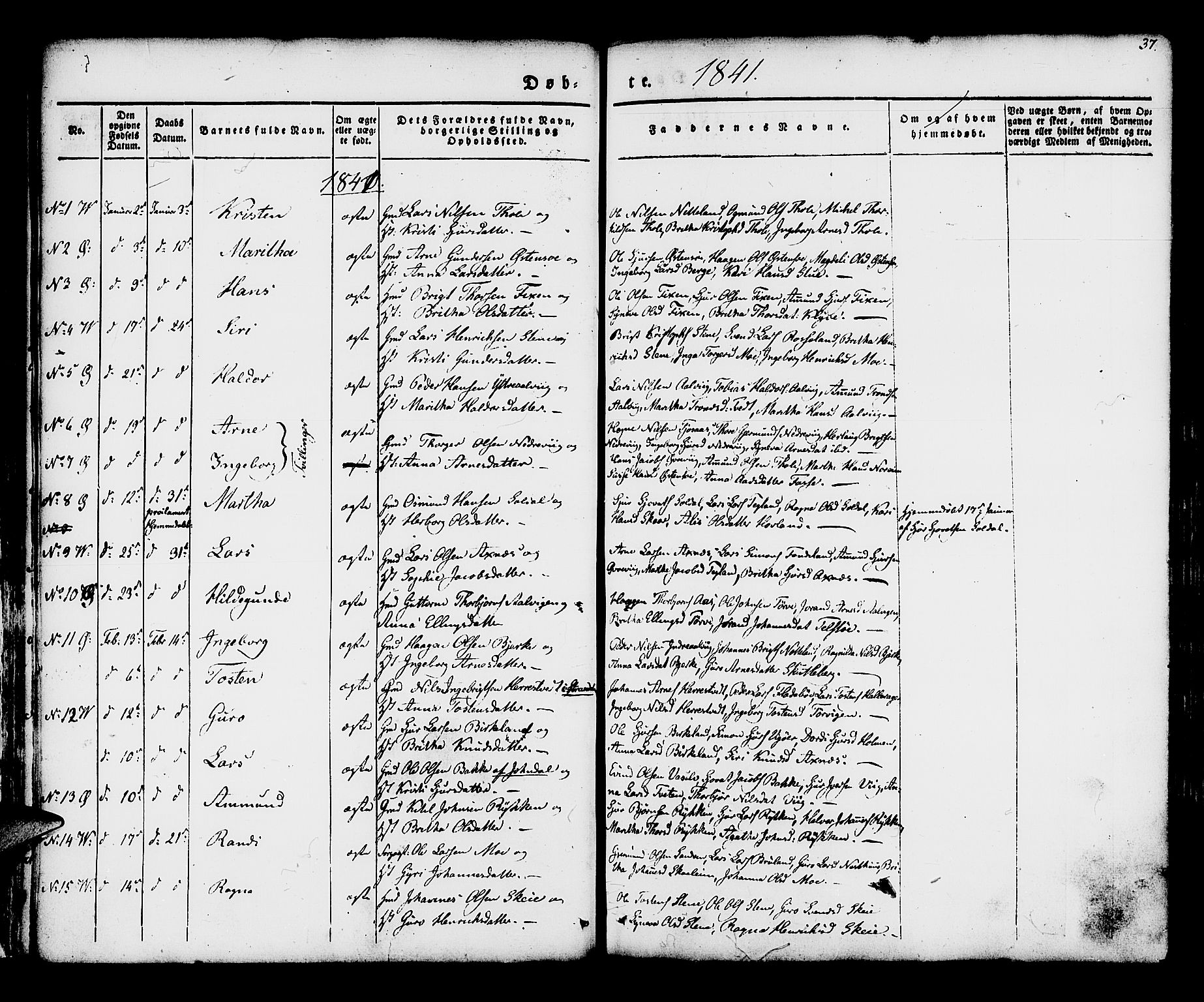 Kvam sokneprestembete, SAB/A-76201/H/Haa: Parish register (official) no. A 7, 1832-1843, p. 37