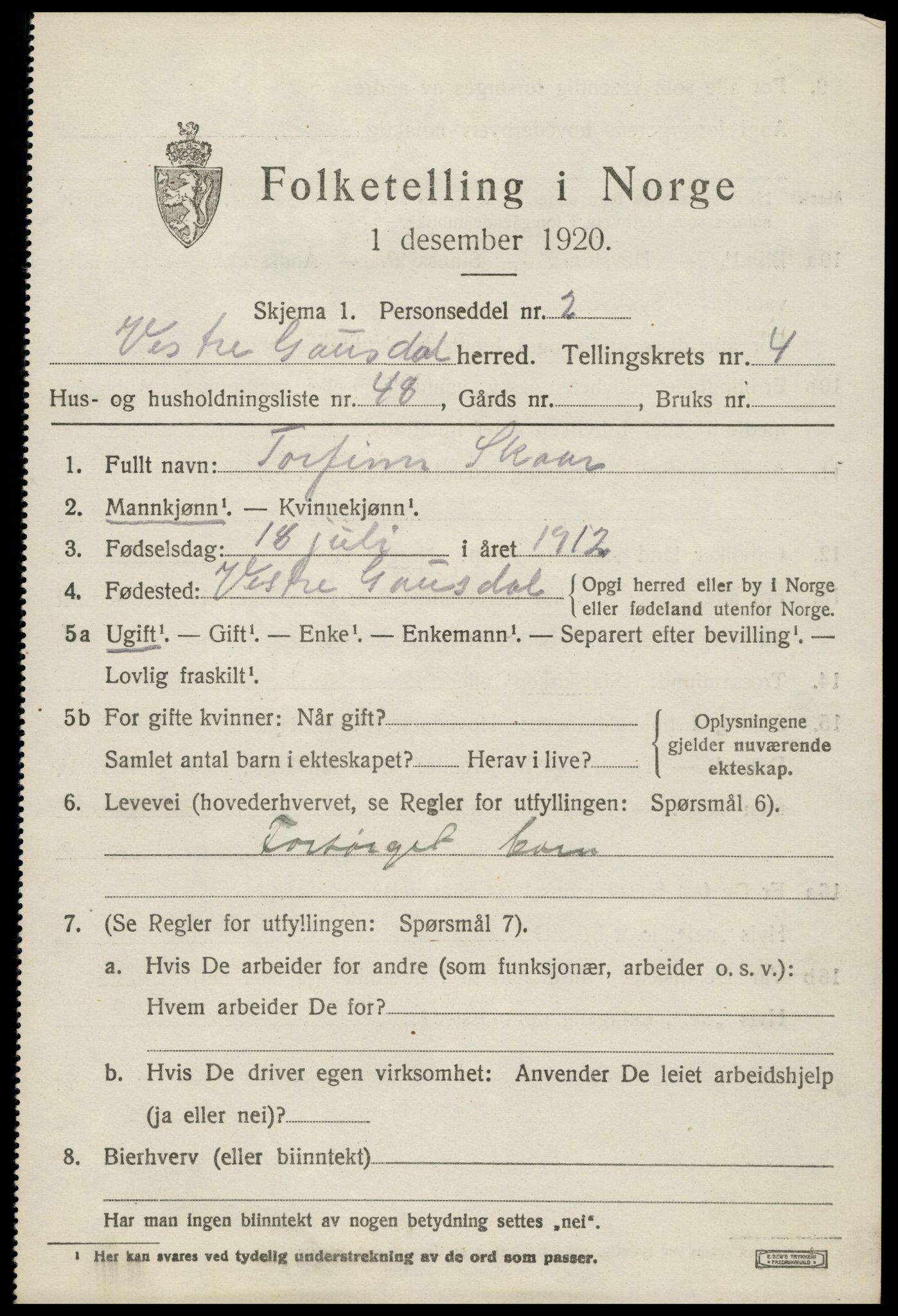 SAH, 1920 census for Vestre Gausdal, 1920, p. 3673