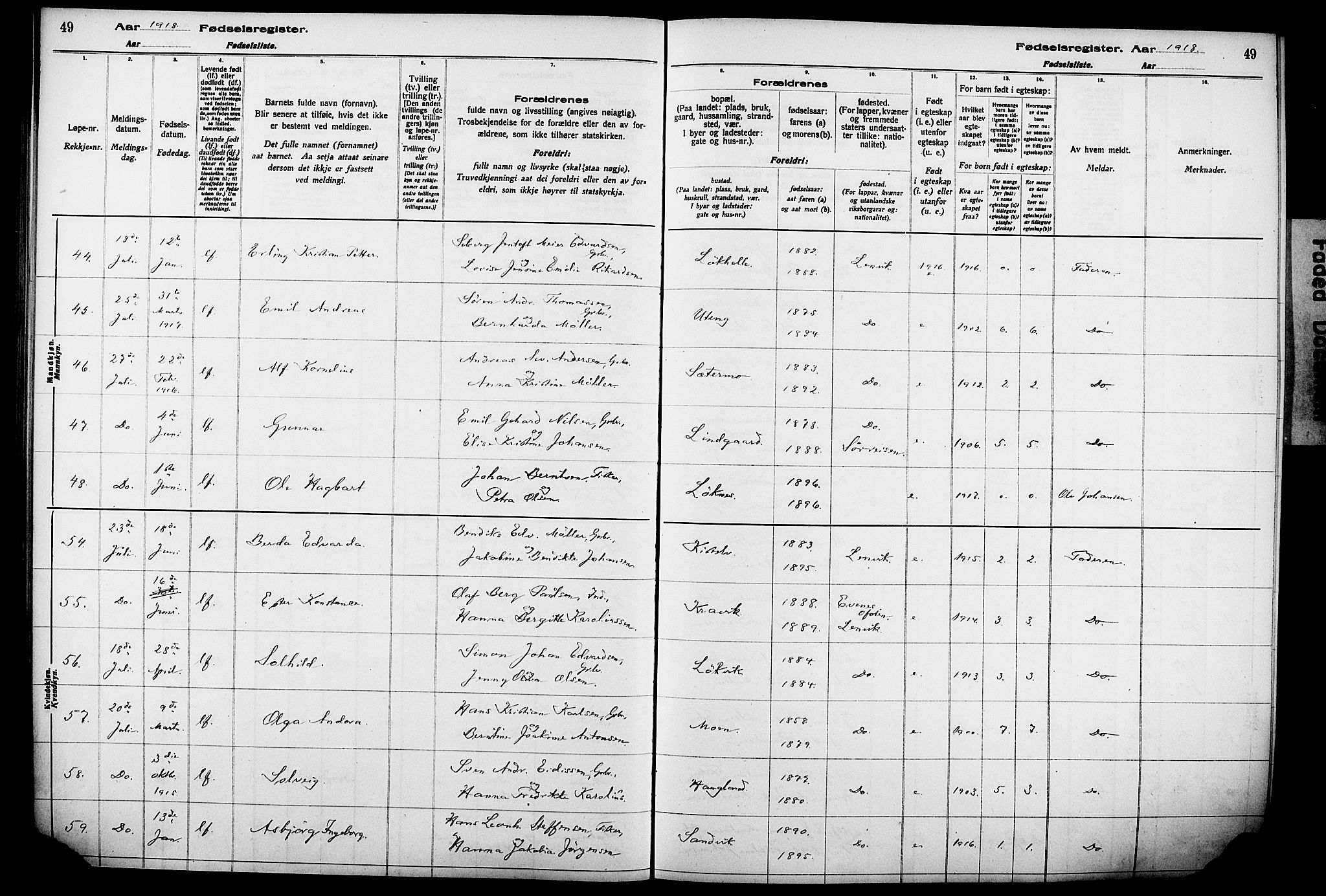 Lenvik sokneprestembete, AV/SATØ-S-1310/I/Ic/L0089: Birth register no. 89, 1916-1926, p. 49